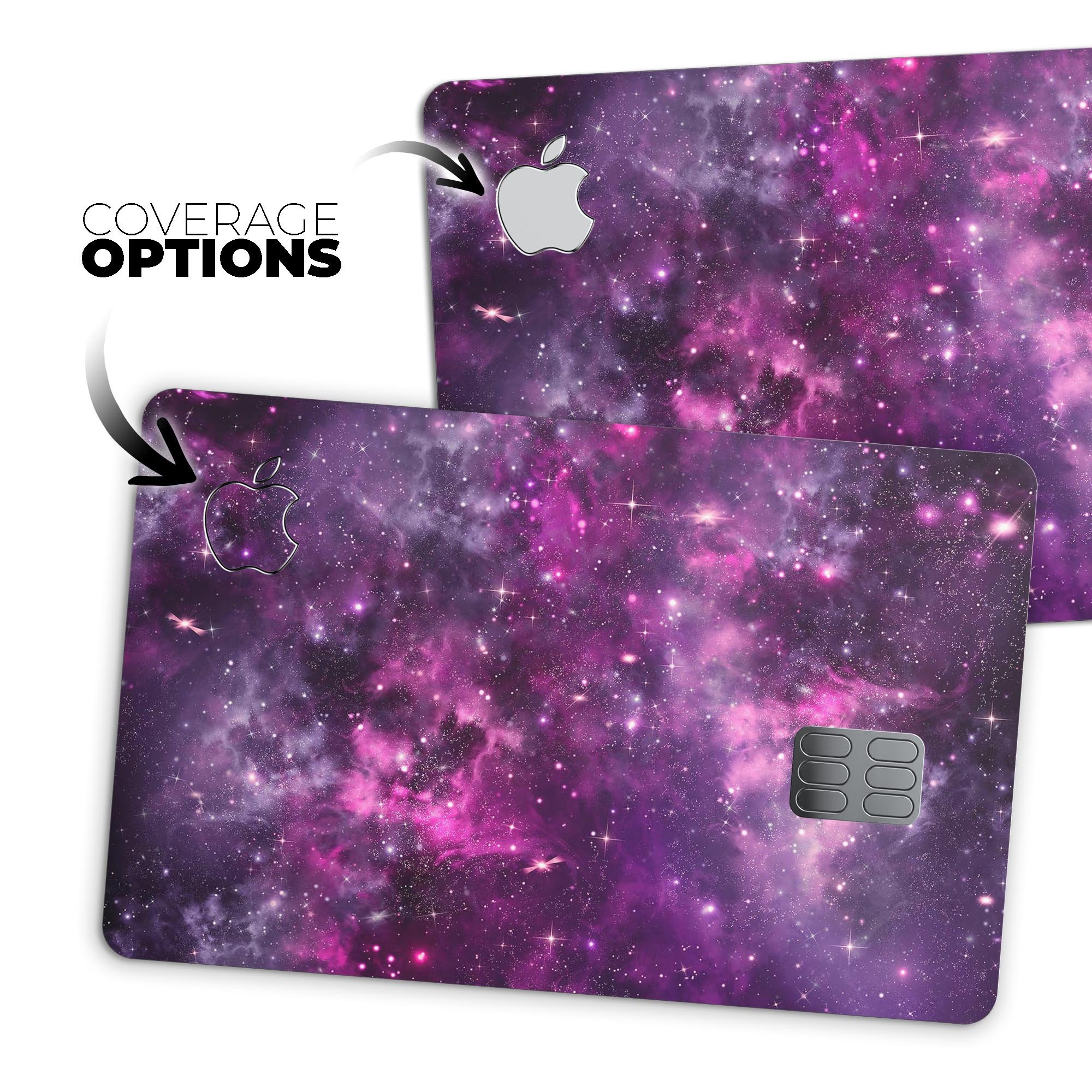 Vibrant Purple Deep Space decal skin applied to an Apple Card, showcasing its glossy finish and protective features.