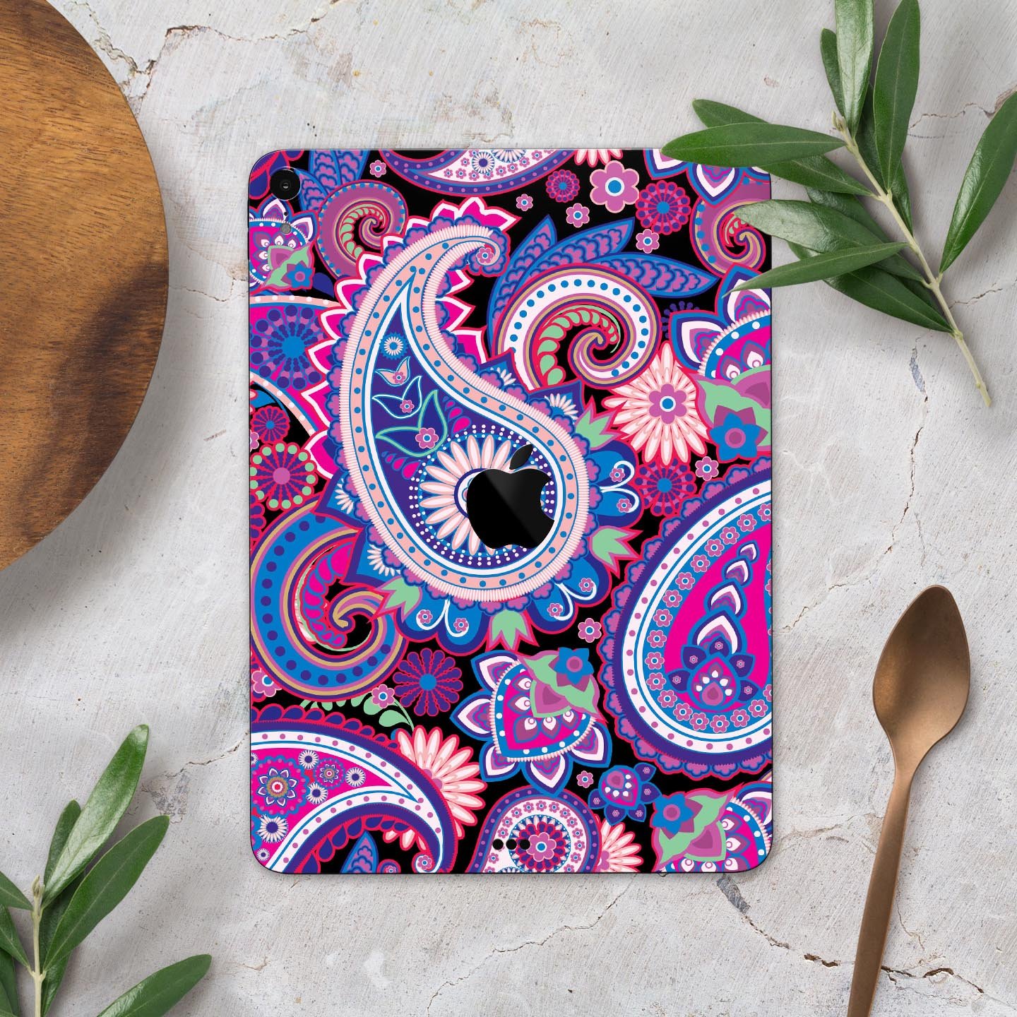 Vibrant Purple Paisley V5 skin decal for Apple iPad, showcasing intricate paisley design and premium finish.