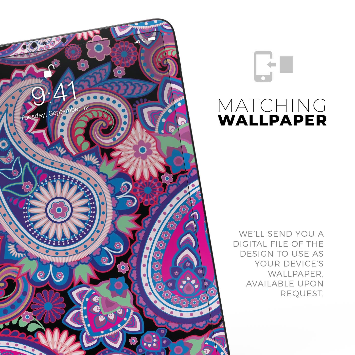 Vibrant Purple Paisley V5 skin decal for Apple iPad, showcasing intricate paisley design and premium finish.