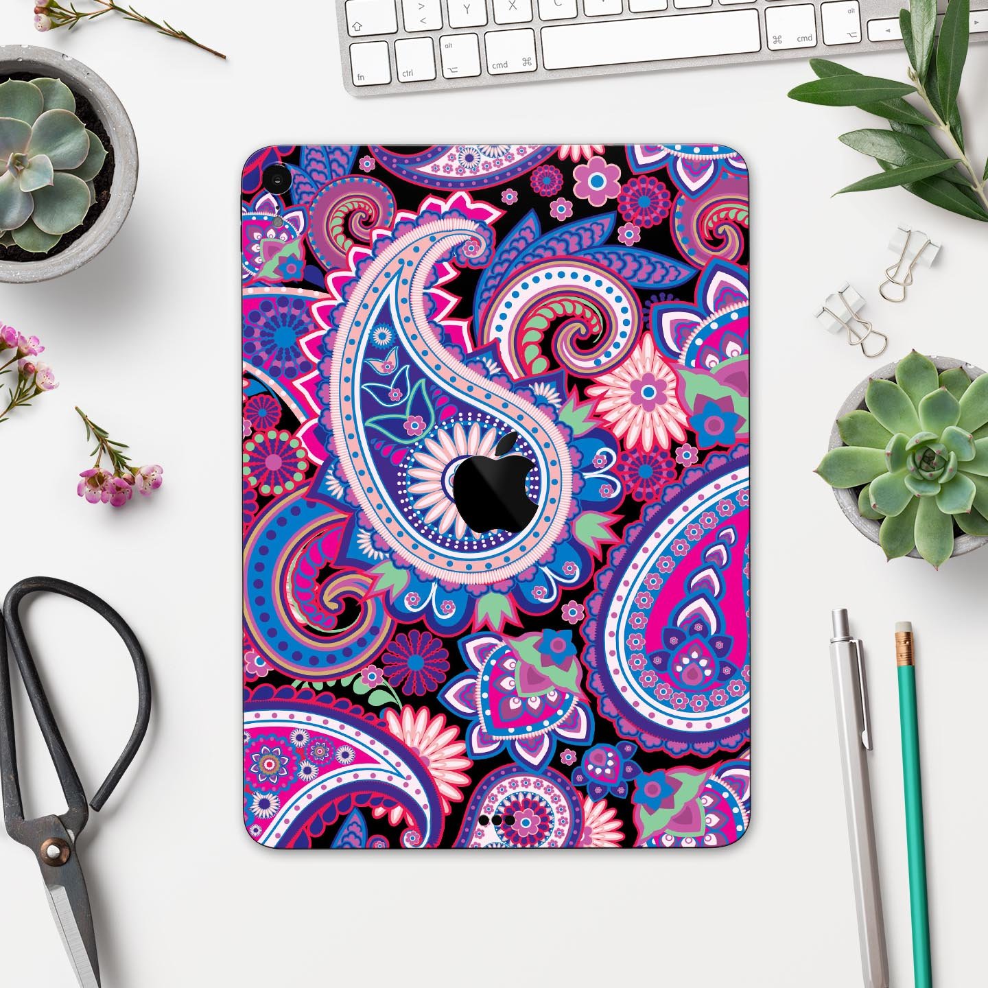 Vibrant Purple Paisley V5 skin decal for Apple iPad, showcasing intricate paisley design and premium finish.