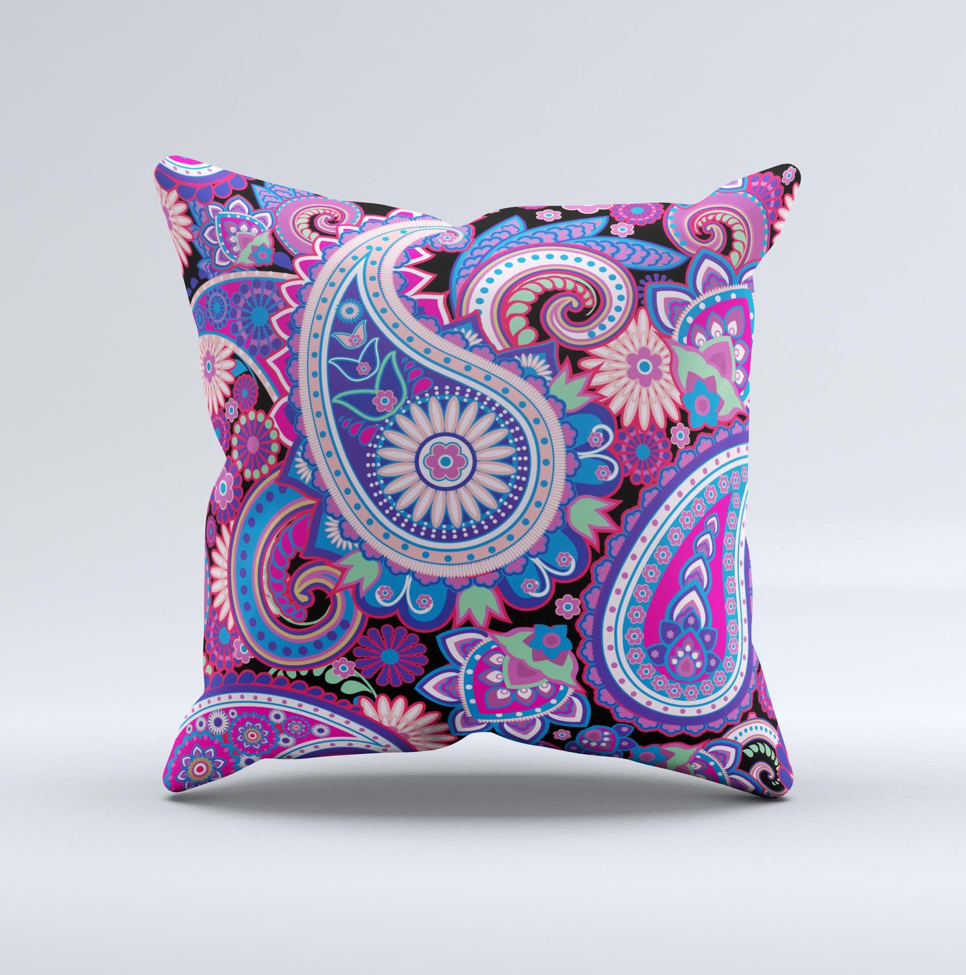 Vibrant Purple Paisley V5 Ink-Fuzed Decorative Throw Pillow showcasing intricate paisley patterns and rich colors, handcrafted in Virginia.