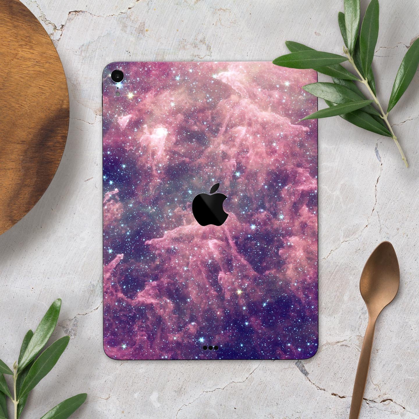 Vibrant Sparkly Pink Nebula skin decal for Apple iPad, showcasing a colorful and protective design.