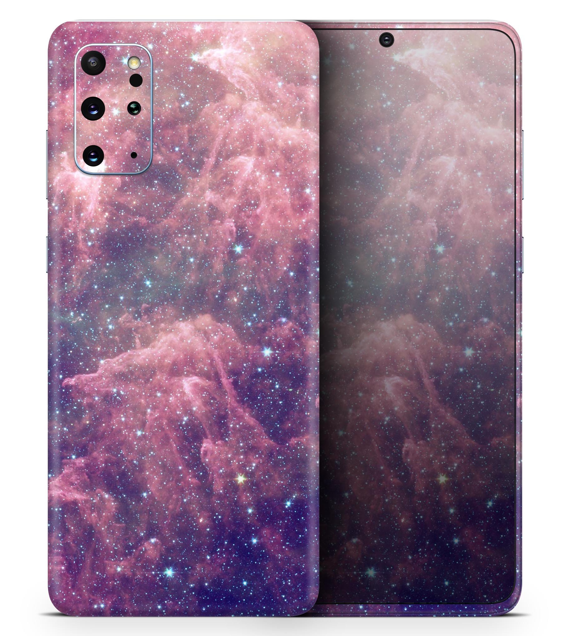 Vibrant Sparkly Pink Nebula Skin-Kit for Samsung Galaxy S-Series, showcasing its glossy finish and vibrant design.
