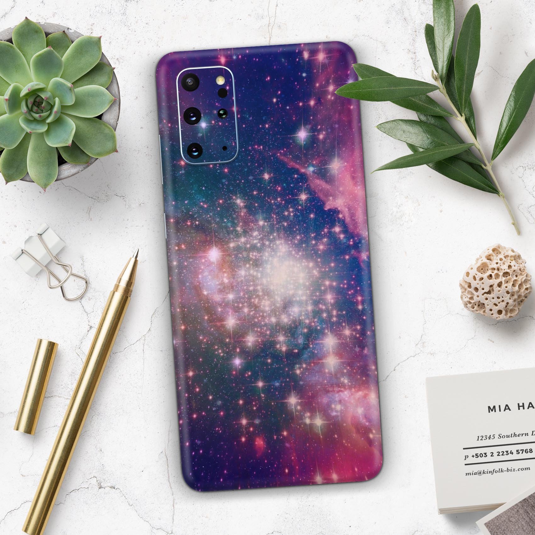 Vibrant sparkly pink skin kit for Samsung Galaxy S-Series, showcasing its glossy finish and precise cutouts for buttons and ports.