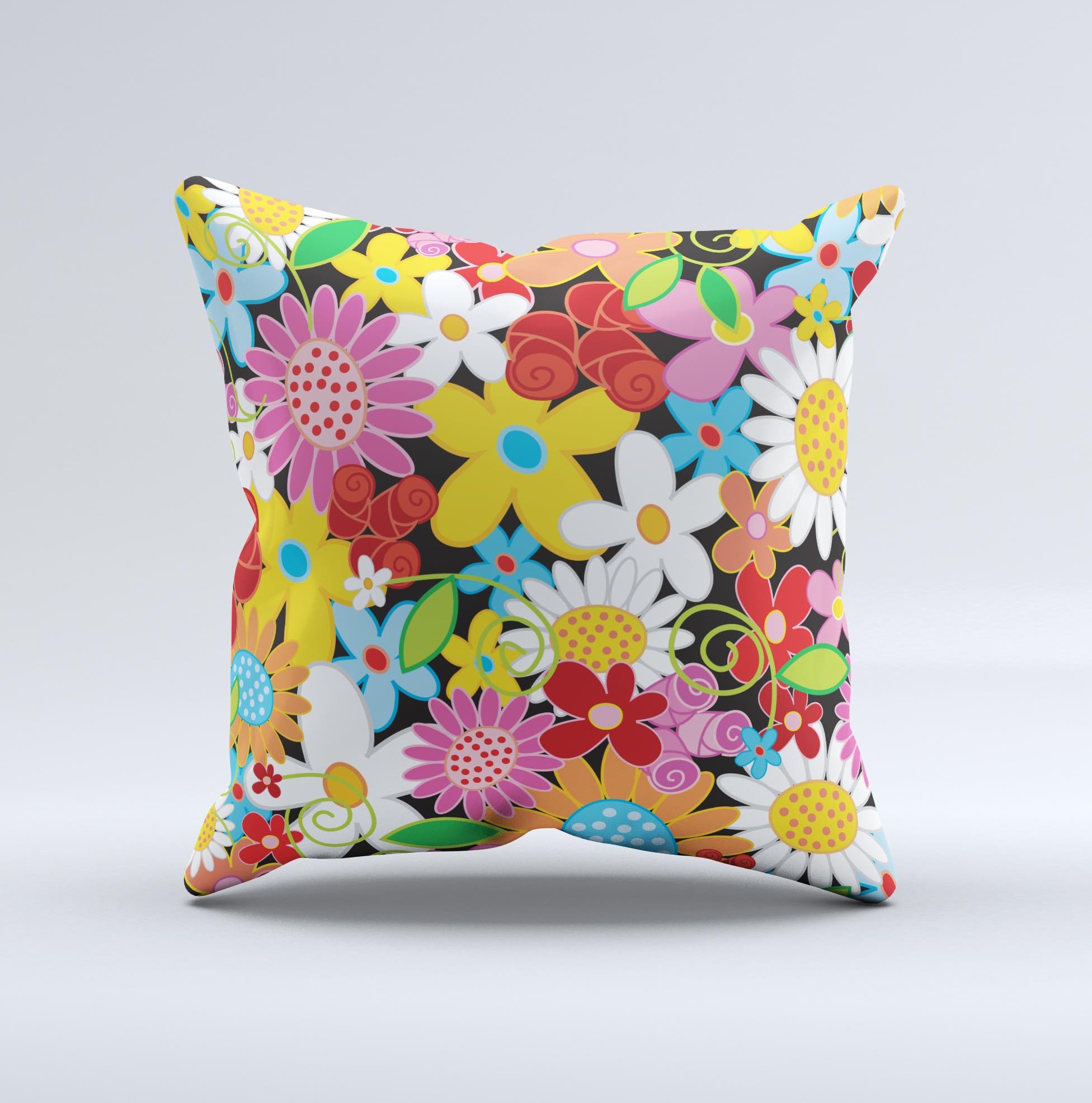 Vibrant vector flower petals decorative throw pillow with colorful floral design, showcasing its unique handmade quality.