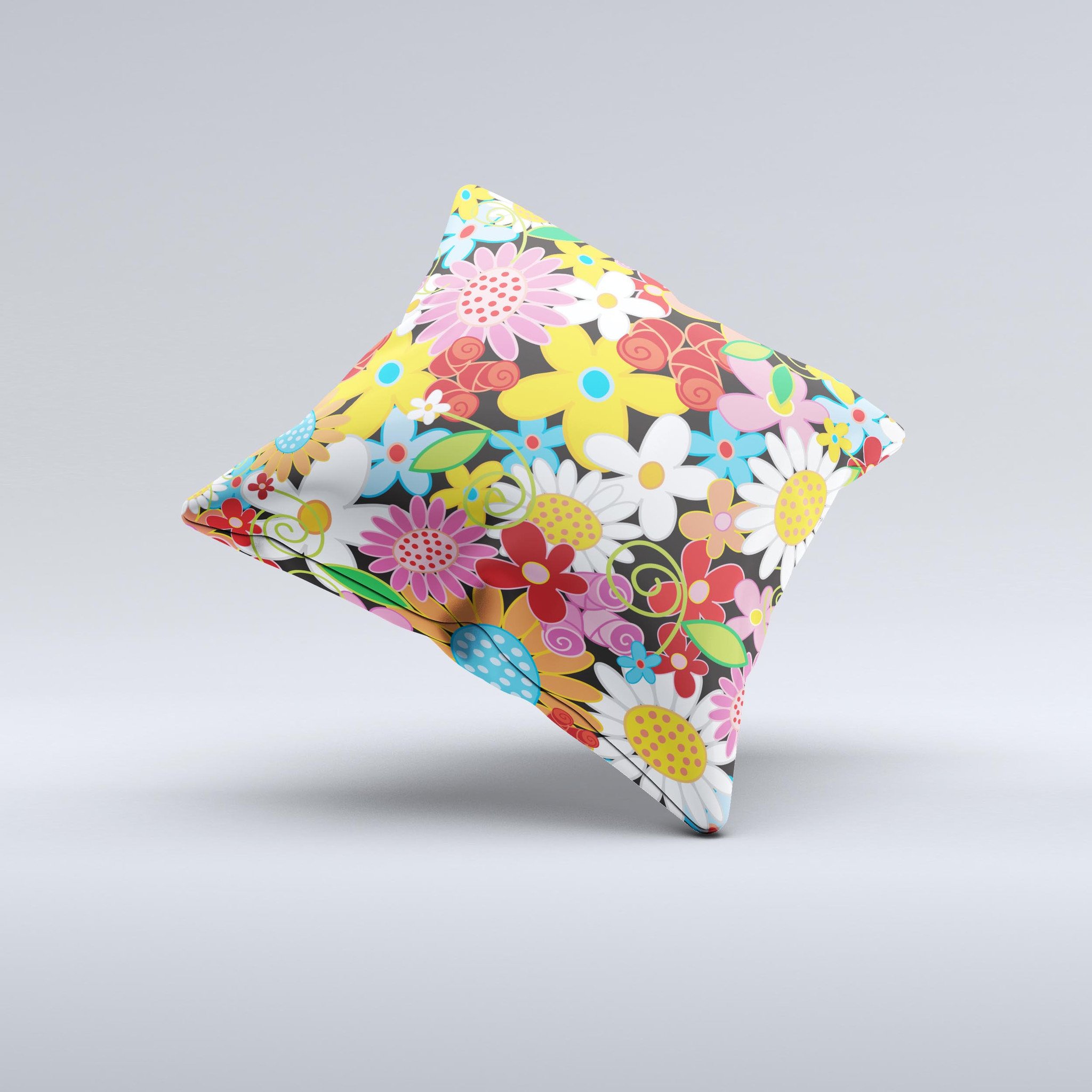 Vibrant vector flower petals decorative throw pillow with colorful floral design, showcasing its unique handmade quality.
