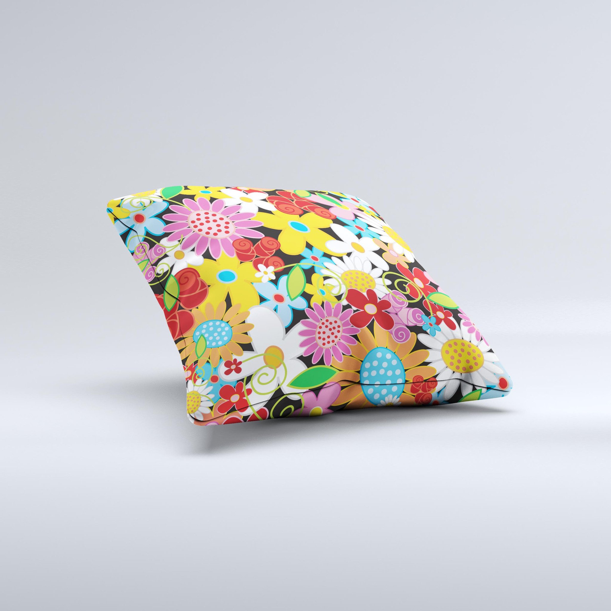 Vibrant vector flower petals decorative throw pillow with colorful floral design, showcasing its unique handmade quality.