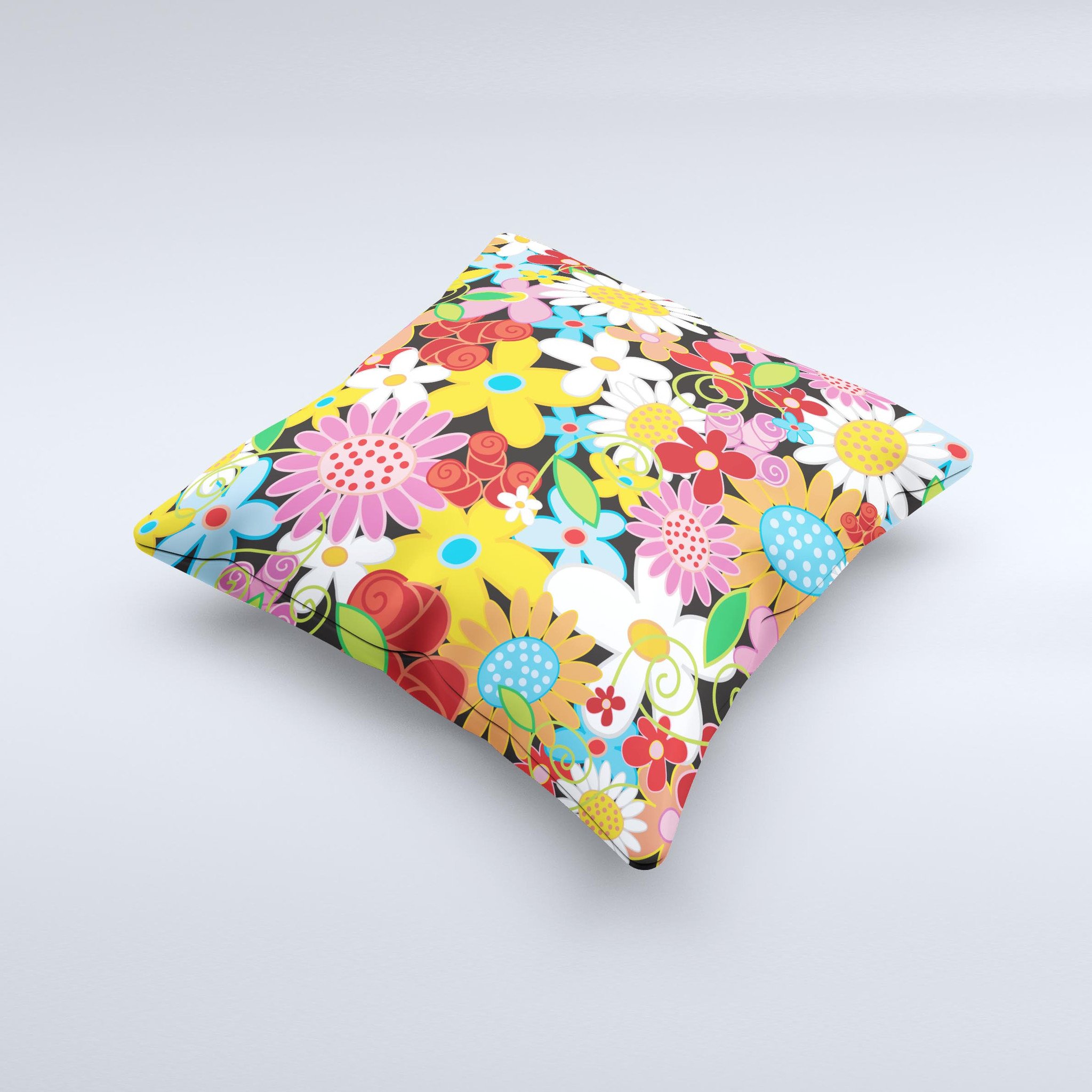 Vibrant vector flower petals decorative throw pillow with colorful floral design, showcasing its unique handmade quality.