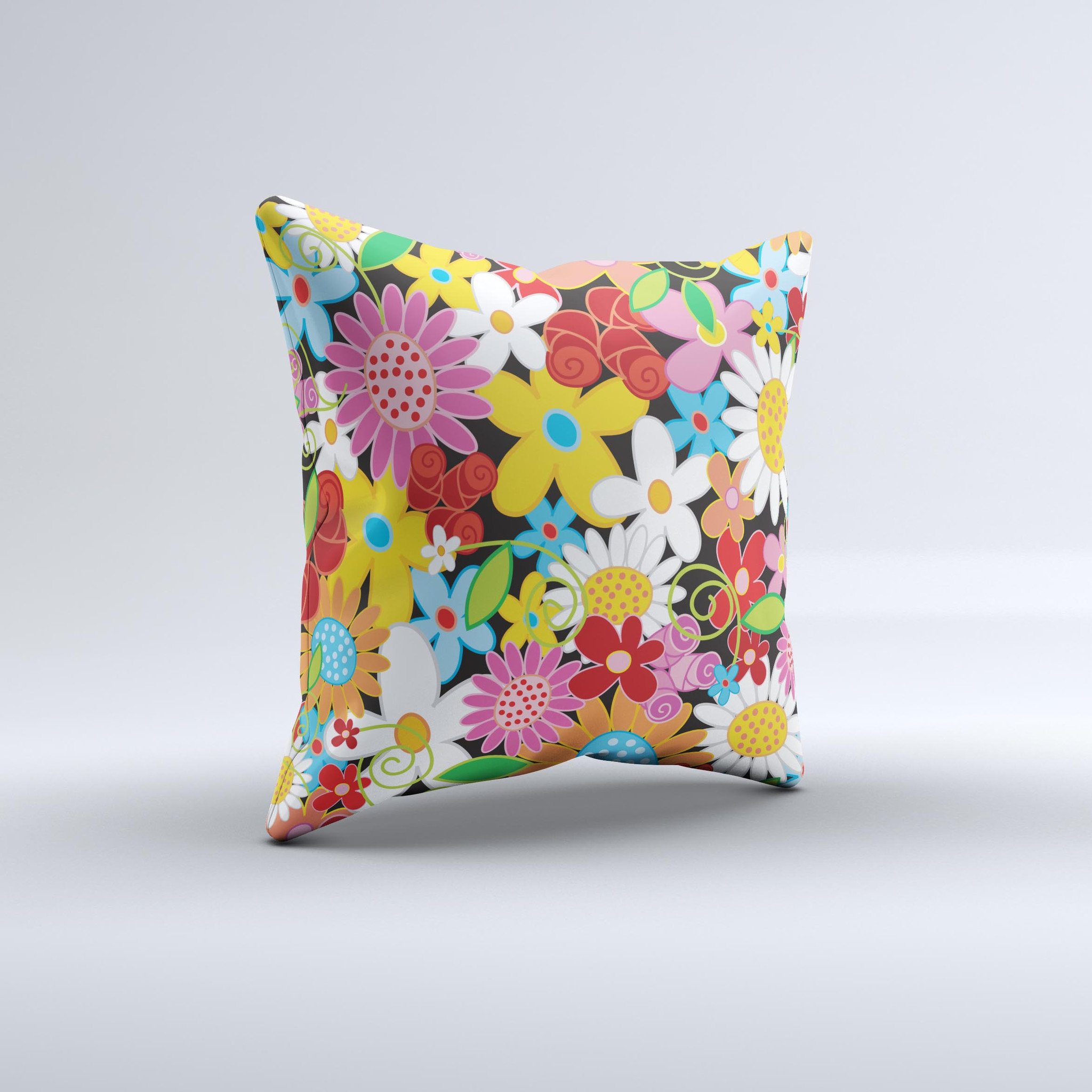 Vibrant vector flower petals decorative throw pillow with colorful floral design, showcasing its unique handmade quality.