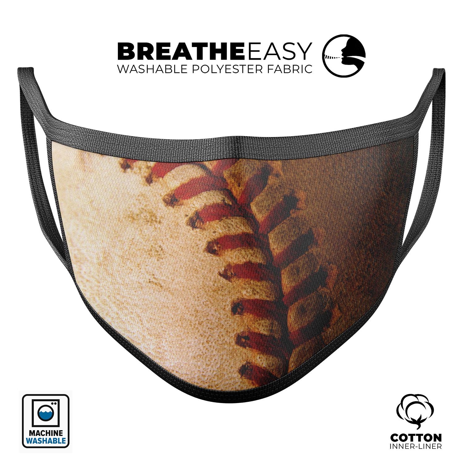 Vintage Baseball Surface V2 mouth cover, featuring a unique design, adjustable ear loops, and made from soft cotton material.