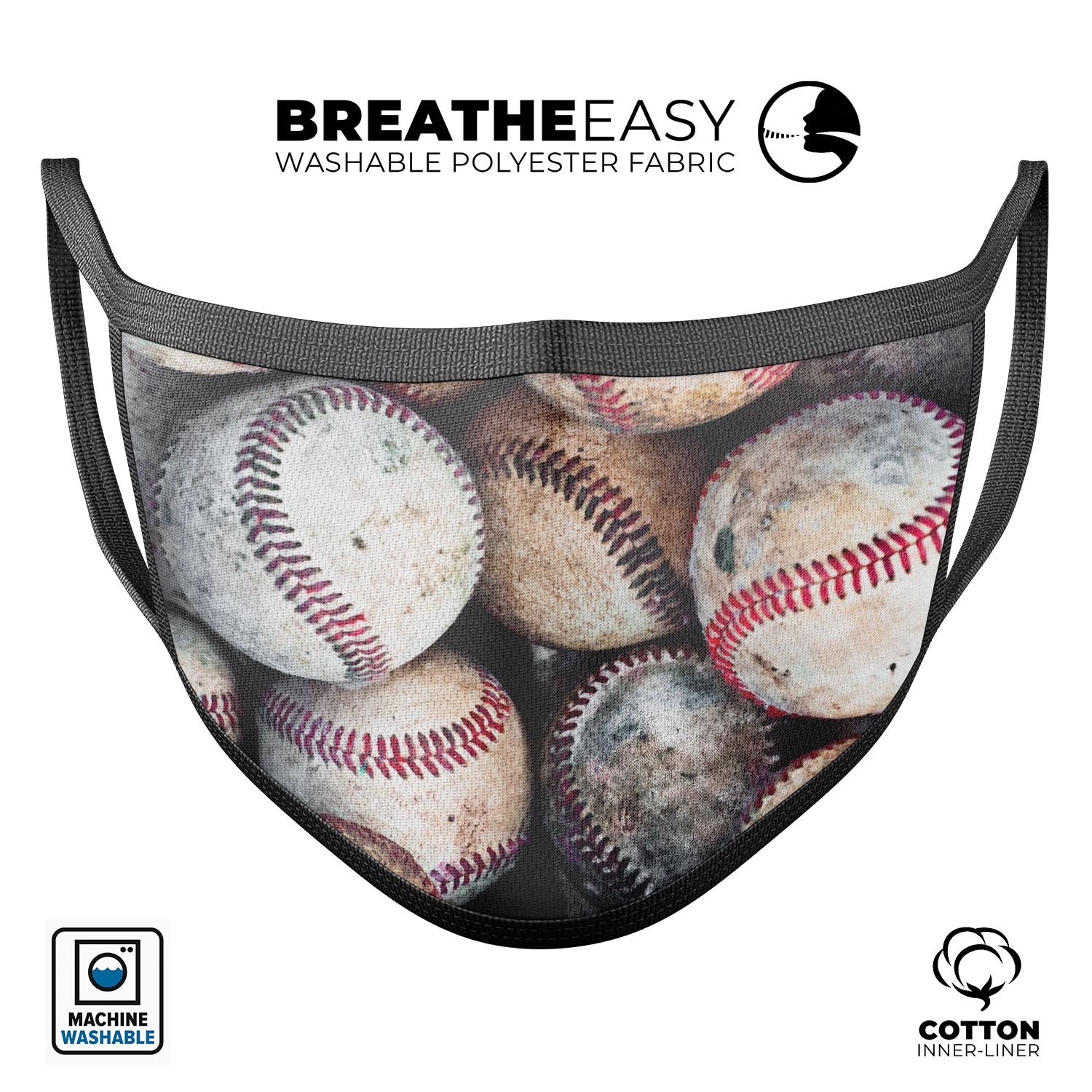 Vintage Baseball V1 mouth cover, unisex design, made in USA, featuring adjustable ear-loop bands and soft cotton material.