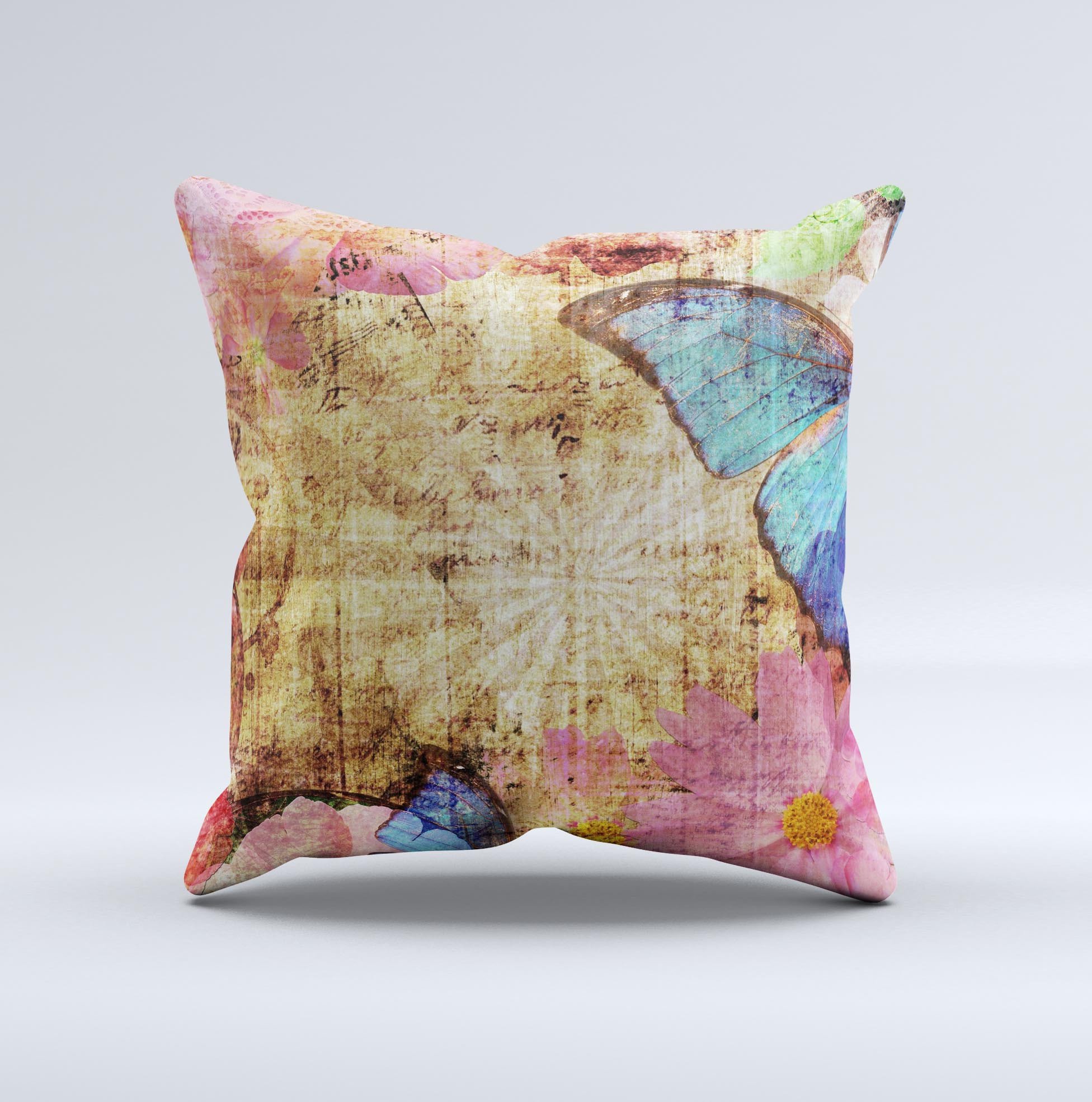 Vintage blue butterfly decorative throw pillow with intricate design, handcrafted in Virginia, showcasing unique imperfections.