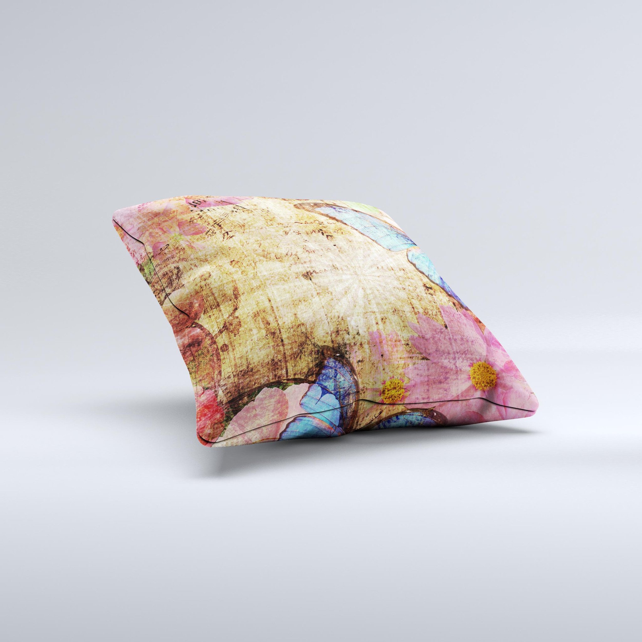 Vintage blue butterfly decorative throw pillow with intricate design, handcrafted in Virginia, showcasing unique imperfections.