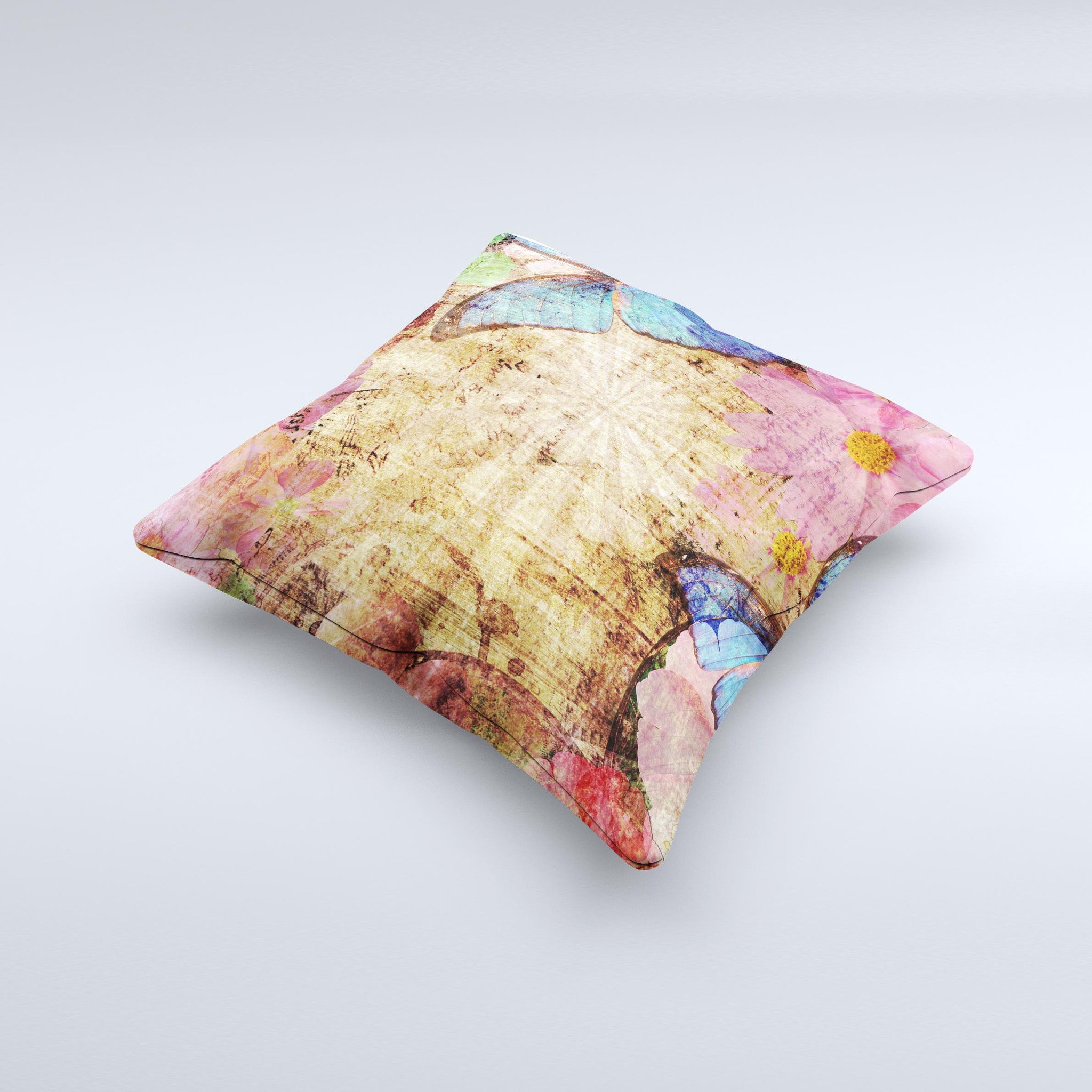 Vintage blue butterfly decorative throw pillow with intricate design, handcrafted in Virginia, showcasing unique imperfections.