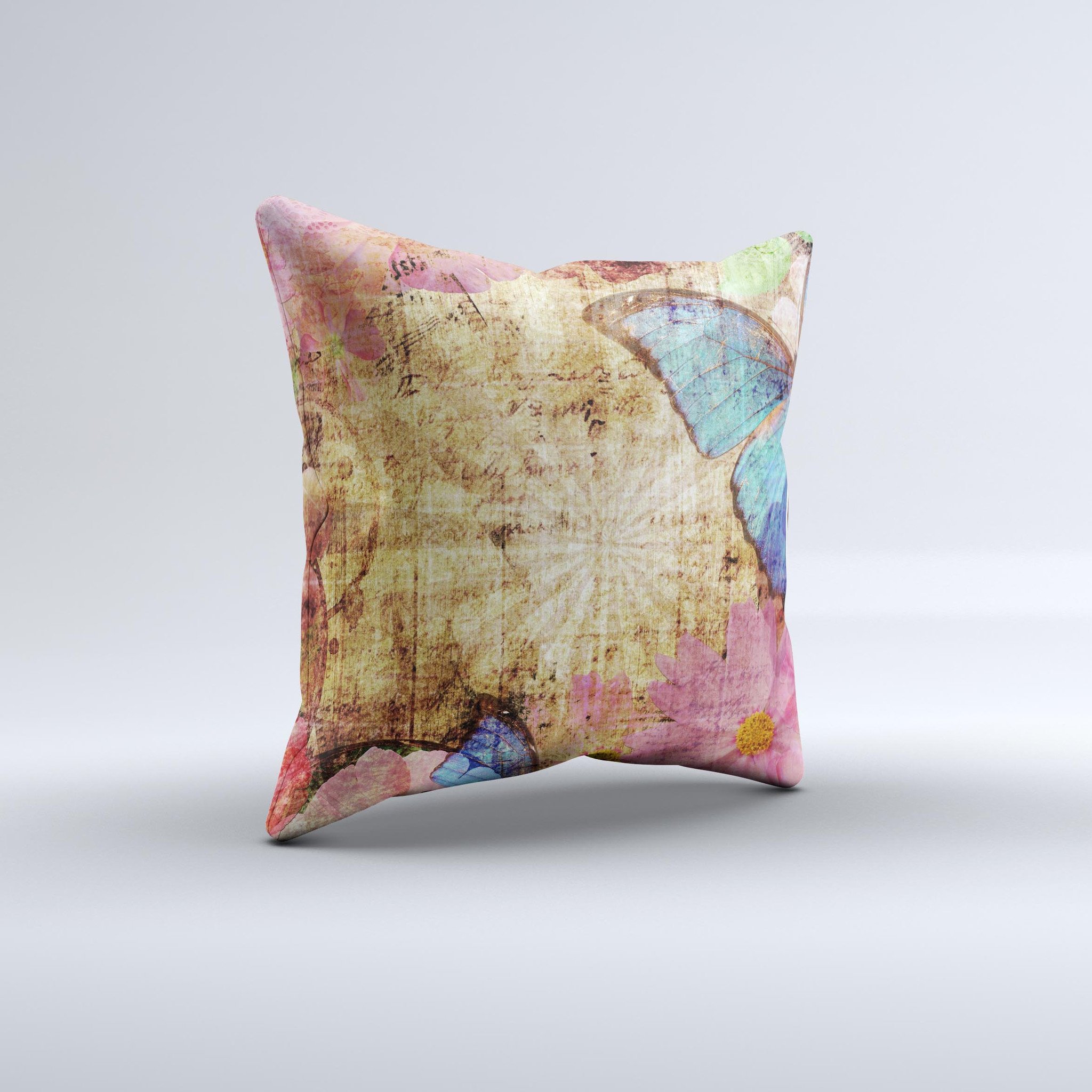 Vintage blue butterfly decorative throw pillow with intricate design, handcrafted in Virginia, showcasing unique imperfections.