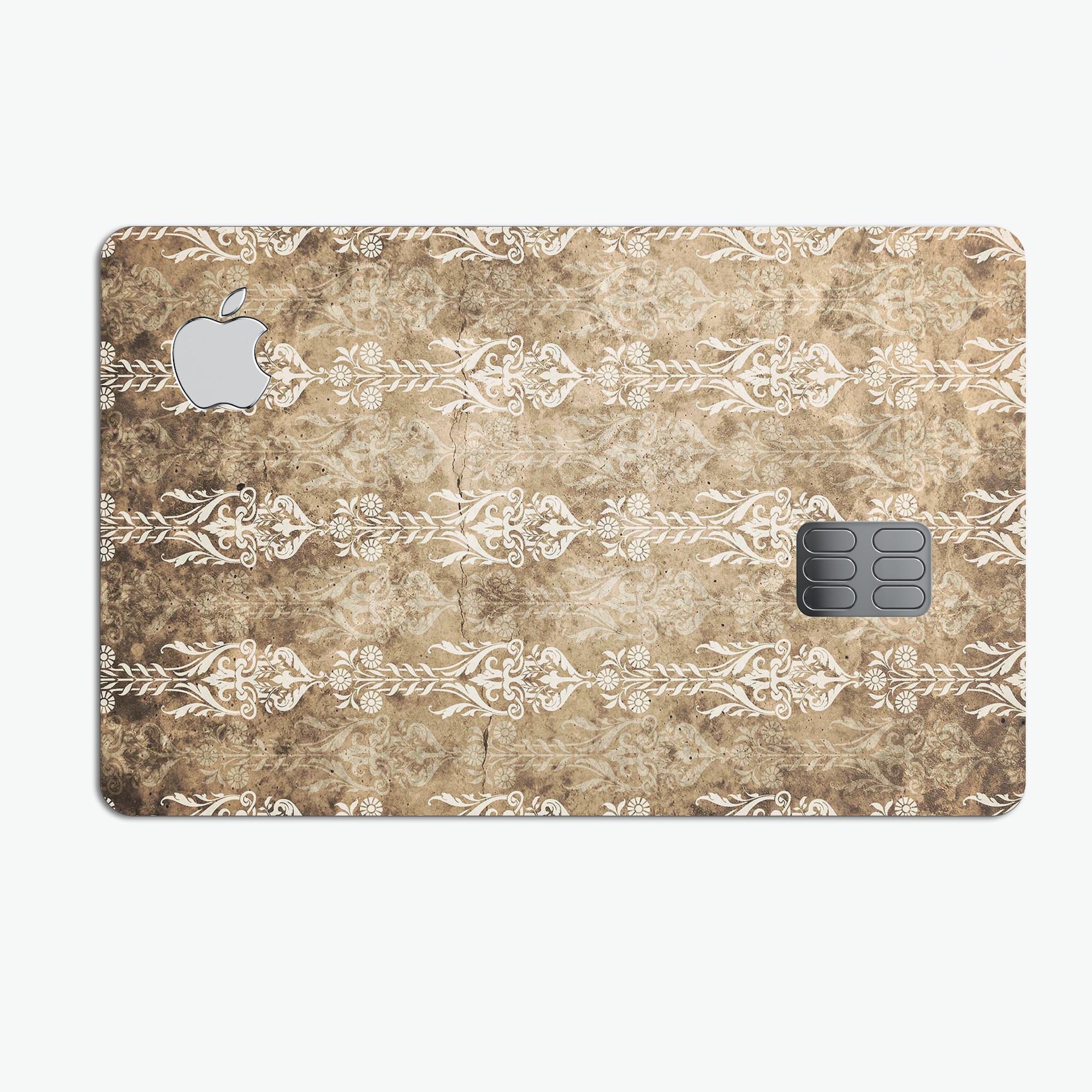 Vintage Brown and Tan Rococo Pattern decal for Apple Card, showcasing intricate design and premium vinyl material.