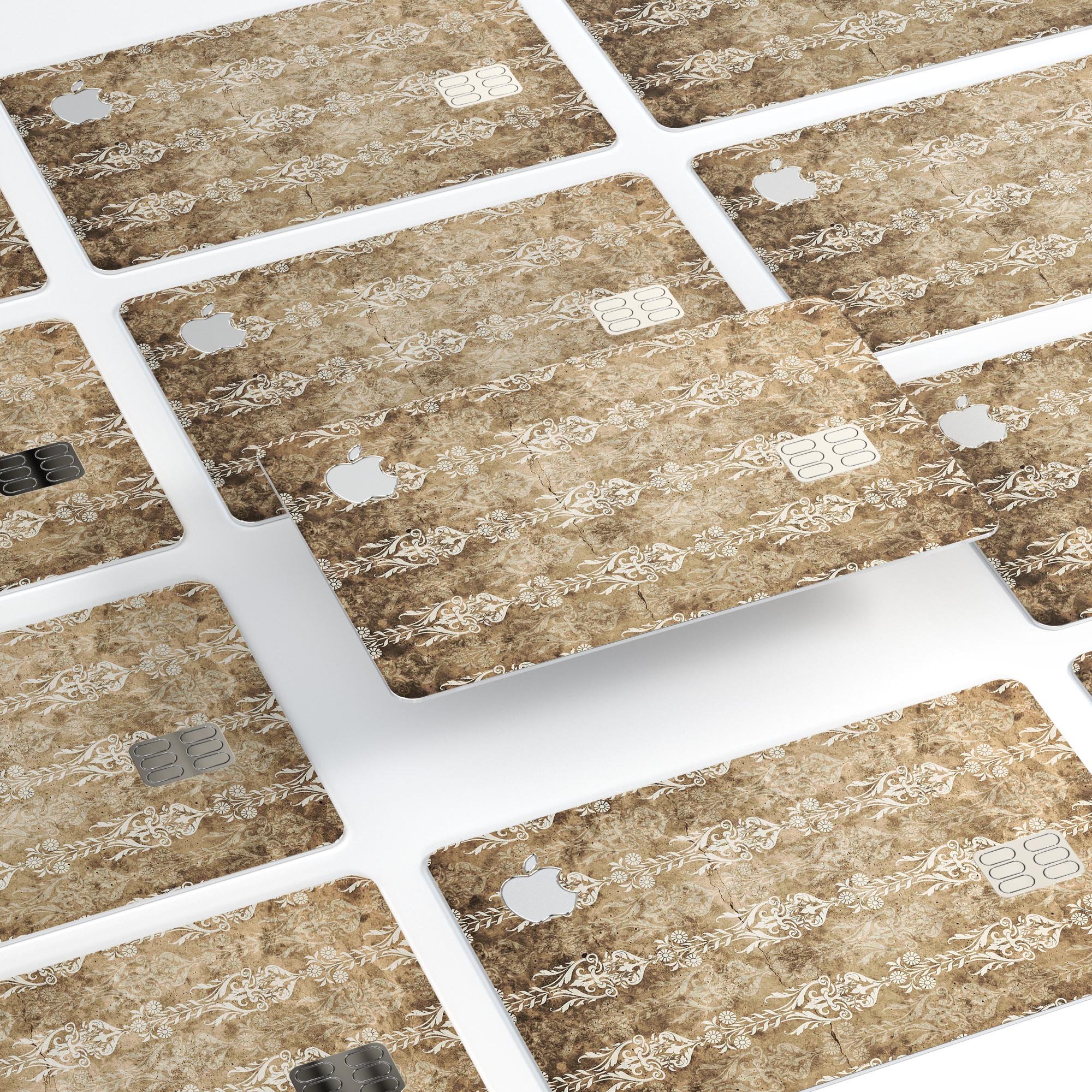 Vintage Brown and Tan Rococo Pattern decal for Apple Card, showcasing intricate design and premium vinyl material.
