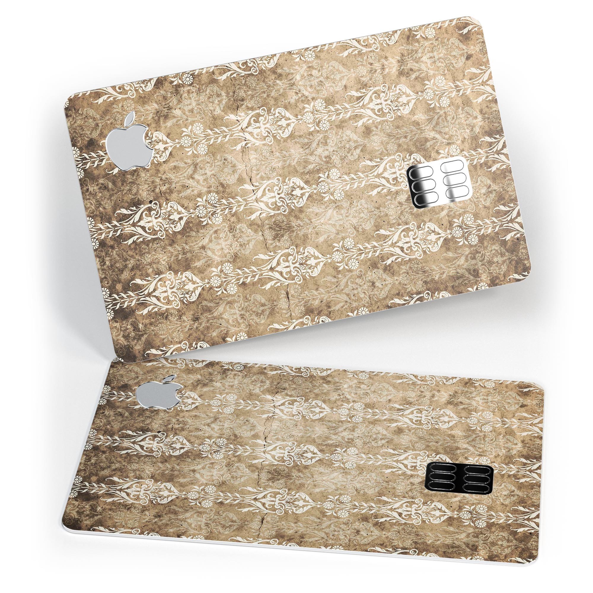 Vintage Brown and Tan Rococo Pattern decal for Apple Card, showcasing intricate design and premium vinyl material.