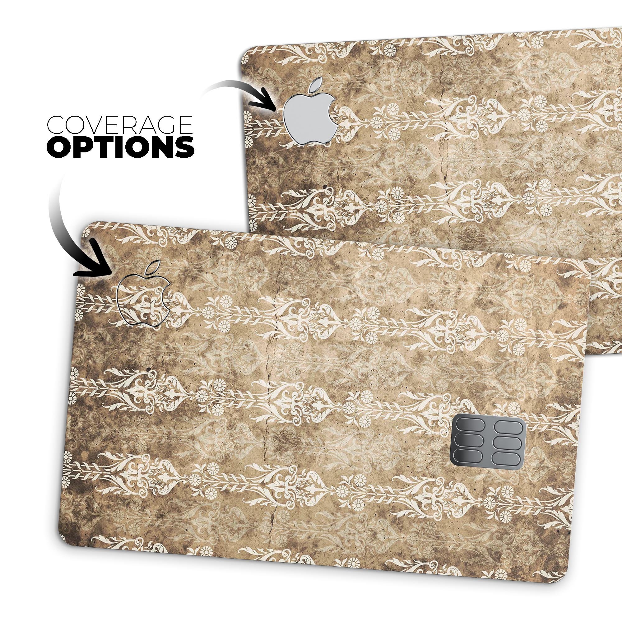 Vintage Brown and Tan Rococo Pattern decal for Apple Card, showcasing intricate design and premium vinyl material.