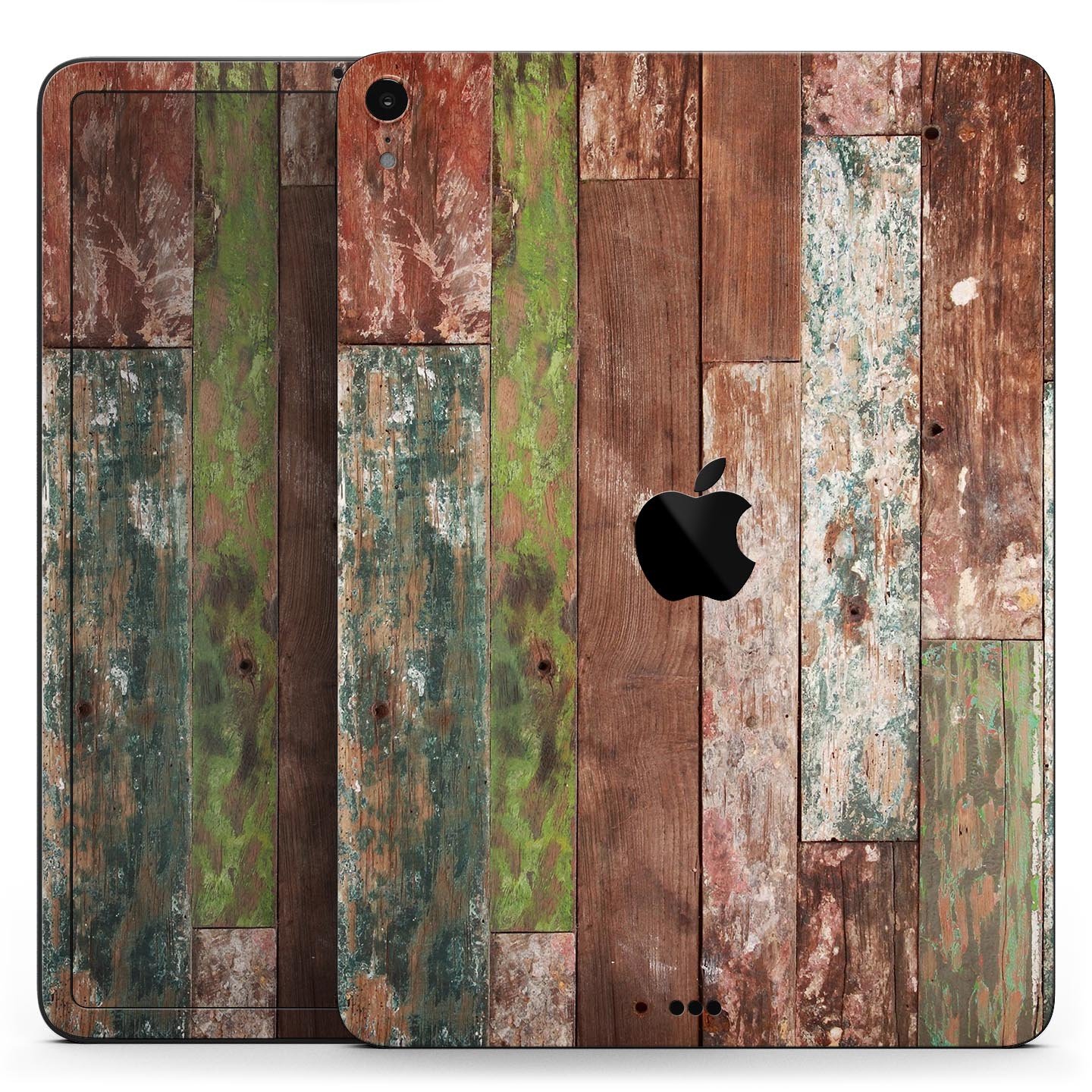 Vintage Wood Planks Full Body Skin Decal for Apple iPad Pro, showcasing a rustic wood design with a smooth finish.