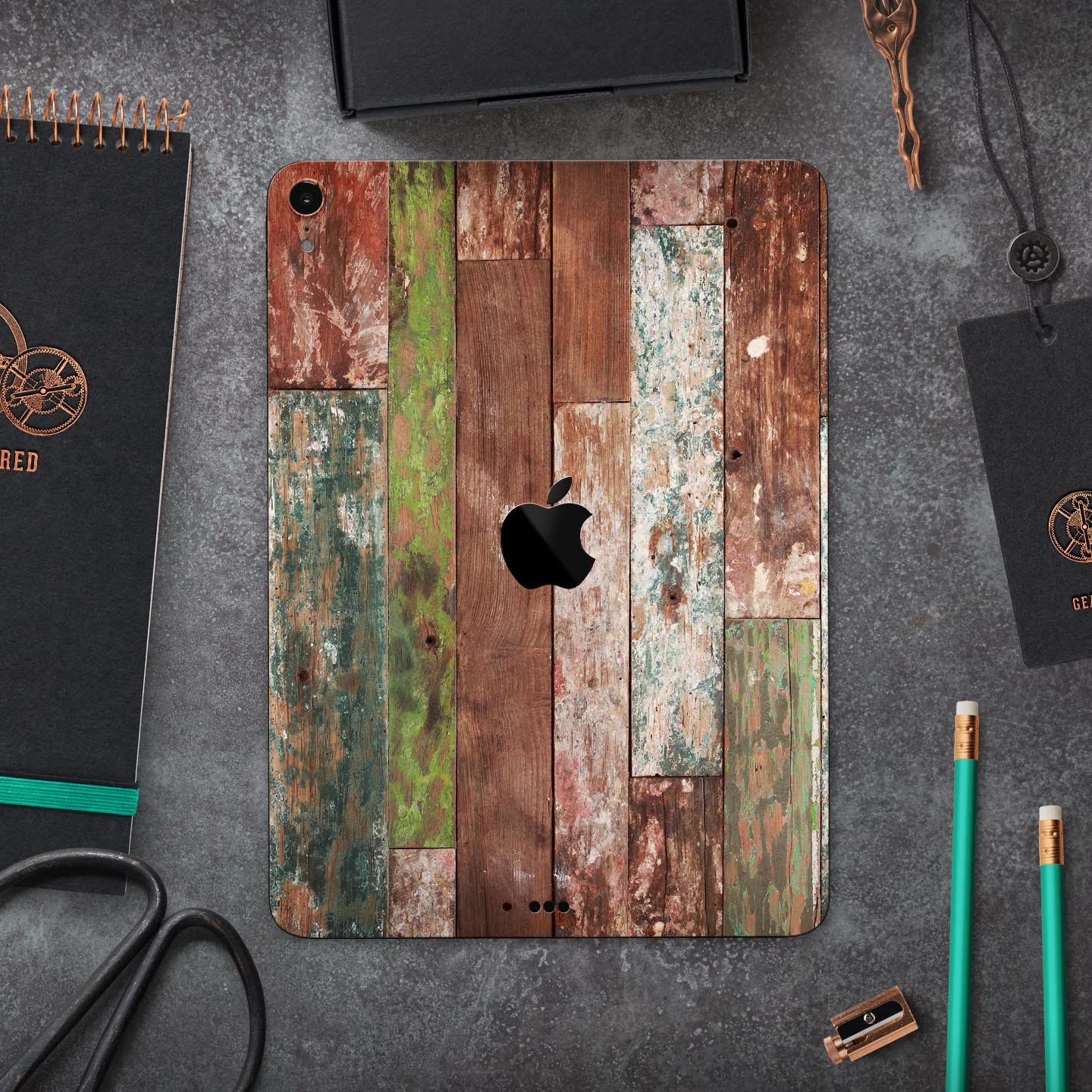 Vintage Wood Planks Full Body Skin Decal for Apple iPad Pro, showcasing a rustic wood design with a smooth finish.