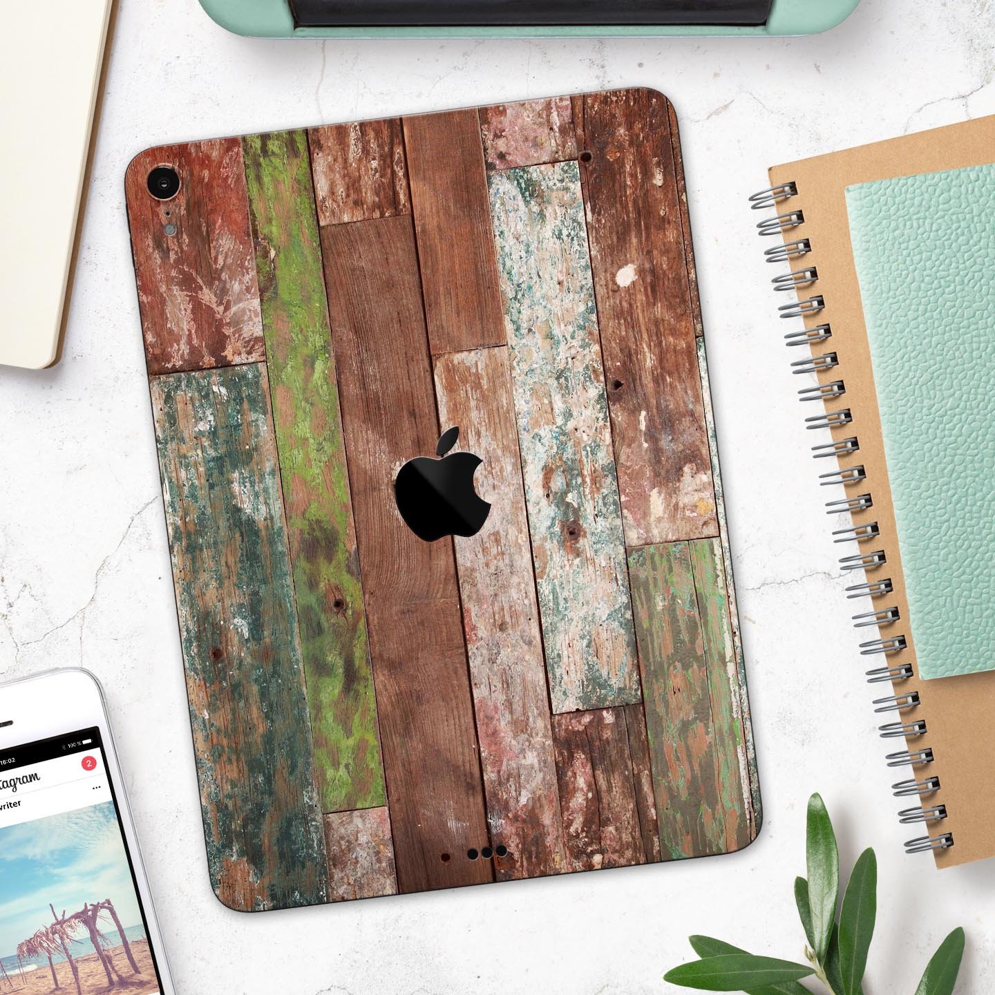 Vintage Wood Planks Full Body Skin Decal for Apple iPad Pro, showcasing a rustic wood design with a smooth finish.
