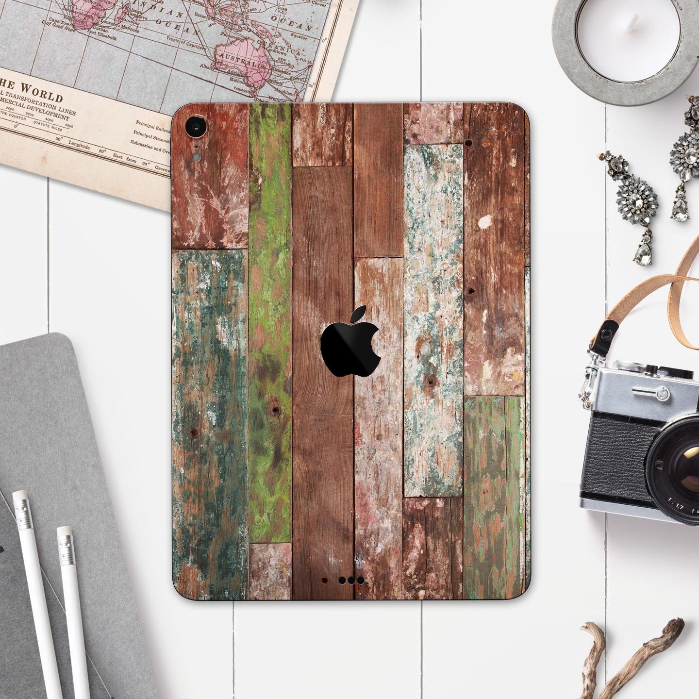 Vintage Wood Planks Full Body Skin Decal for Apple iPad Pro, showcasing a rustic wood design with a smooth finish.