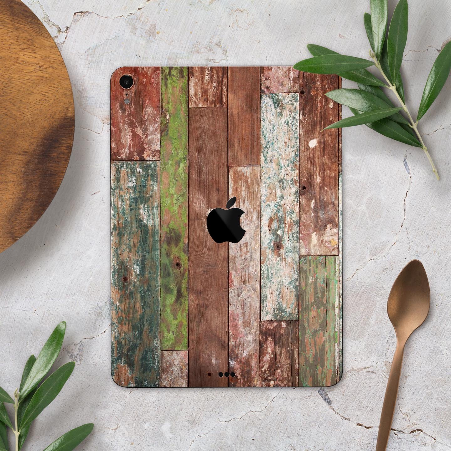Vintage Wood Planks Full Body Skin Decal for Apple iPad Pro, showcasing a rustic wood design with a smooth finish.