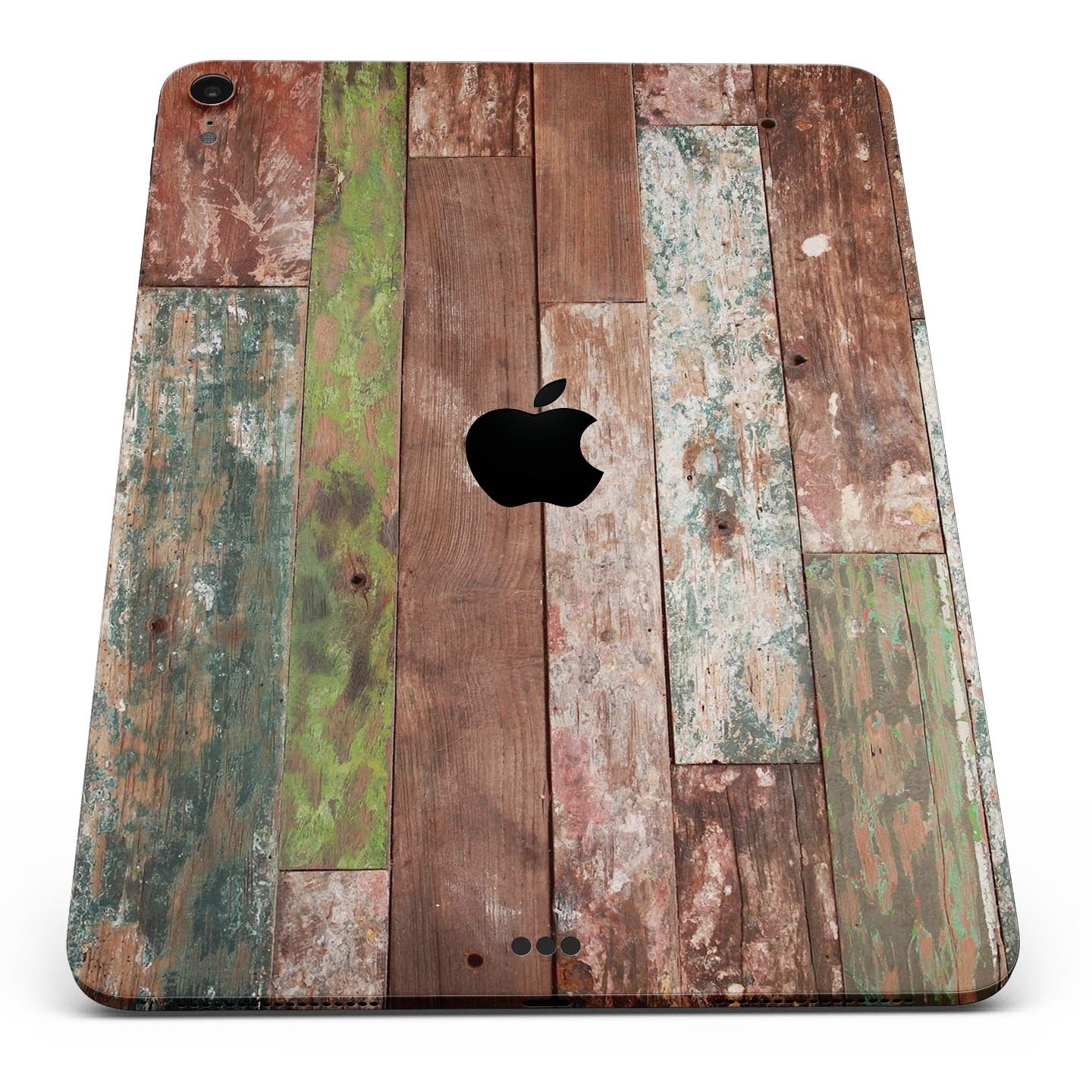 Vintage Wood Planks Full Body Skin Decal for Apple iPad Pro, showcasing a rustic wood design with a smooth finish.