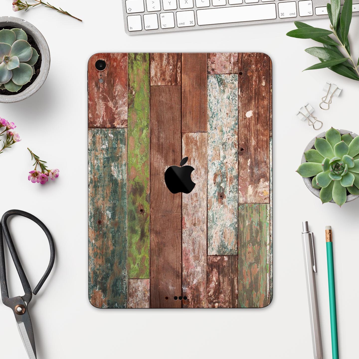Vintage Wood Planks Full Body Skin Decal for Apple iPad Pro, showcasing a rustic wood design with a smooth finish.