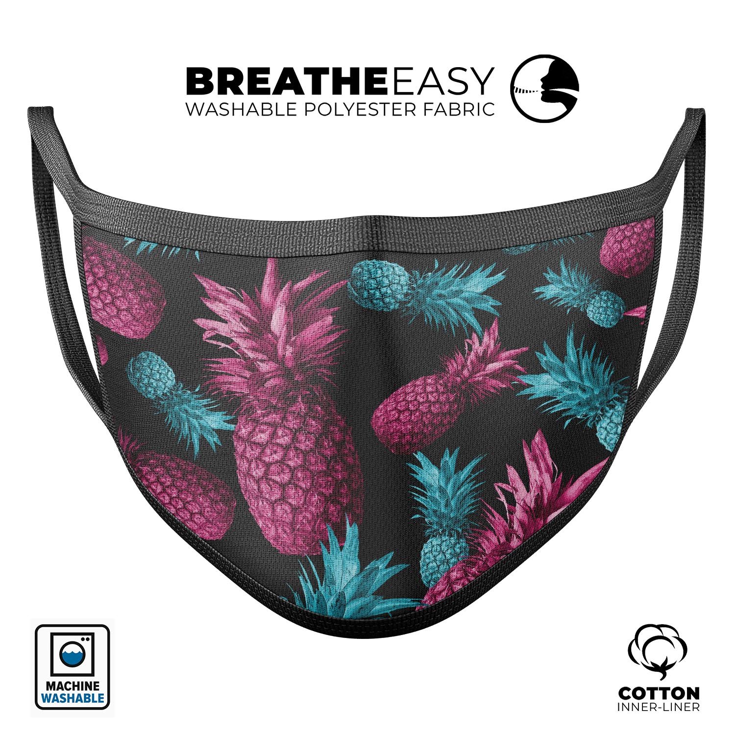 Vivid Abstract Hot Pink and Turquoise Pineapple face mask, showcasing a colorful design with adjustable ear loops.