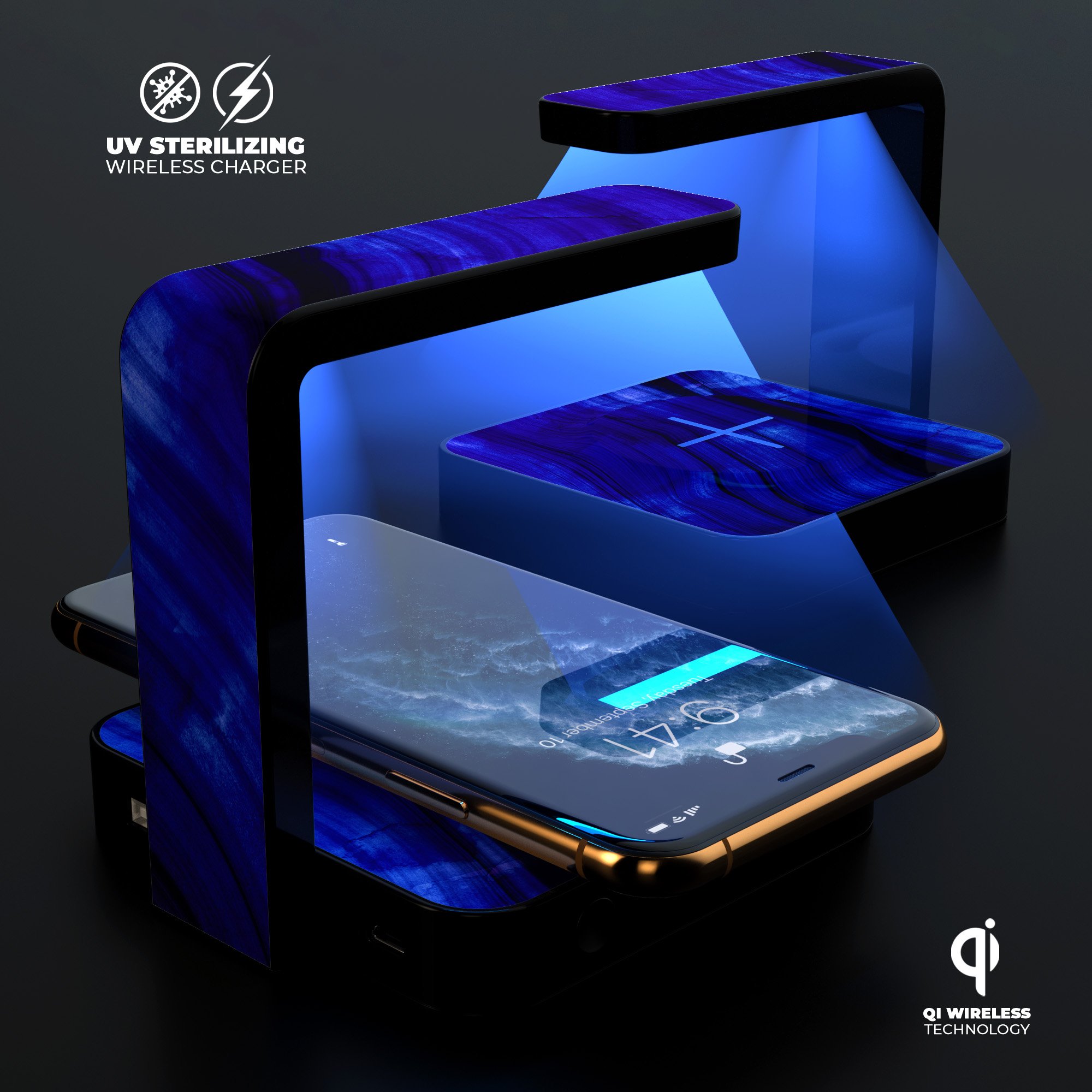 Vivid Agate Vein Slice Blue V11 UV Germicidal Sanitizing Sterilizing charger with a sleek design and wireless charging feature.