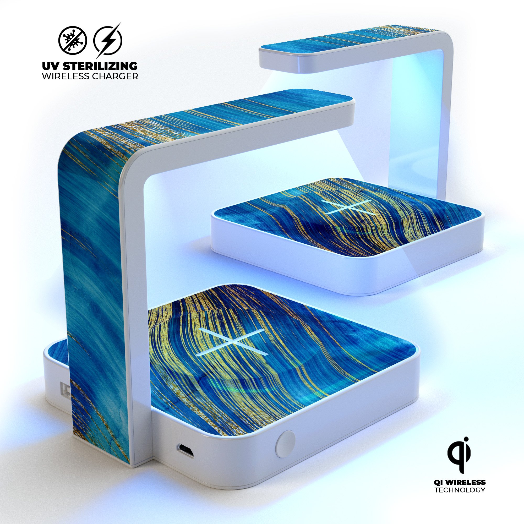 Vivid Agate Vein Slice Blue V1 UV Germicidal Sanitizing Sterilizing charger with decorative skin and USB cable.