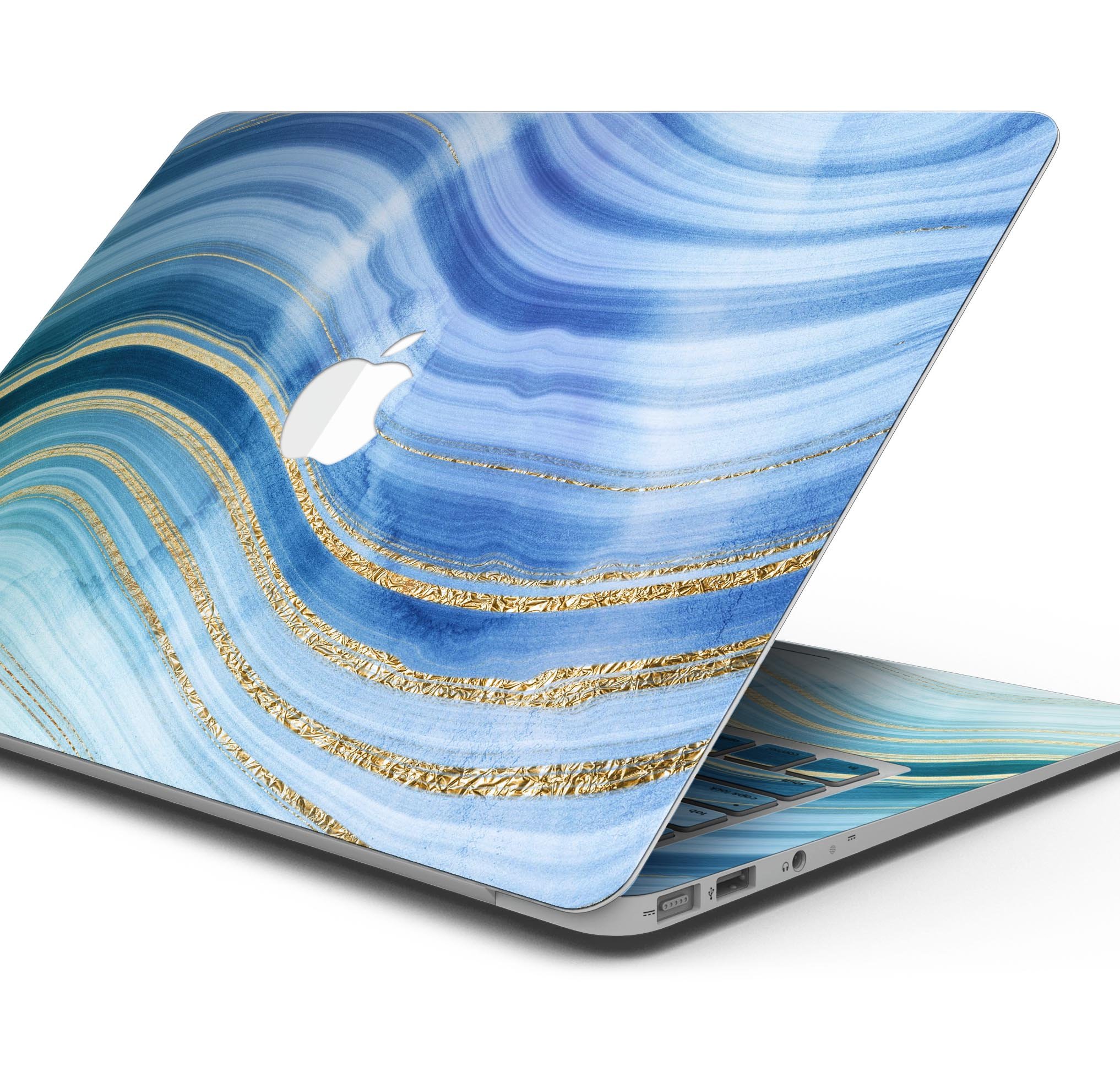 Vivid Agate Vein Slice Blue skin decal wrap kit for MacBook, showcasing a vibrant design with a glossy finish.
