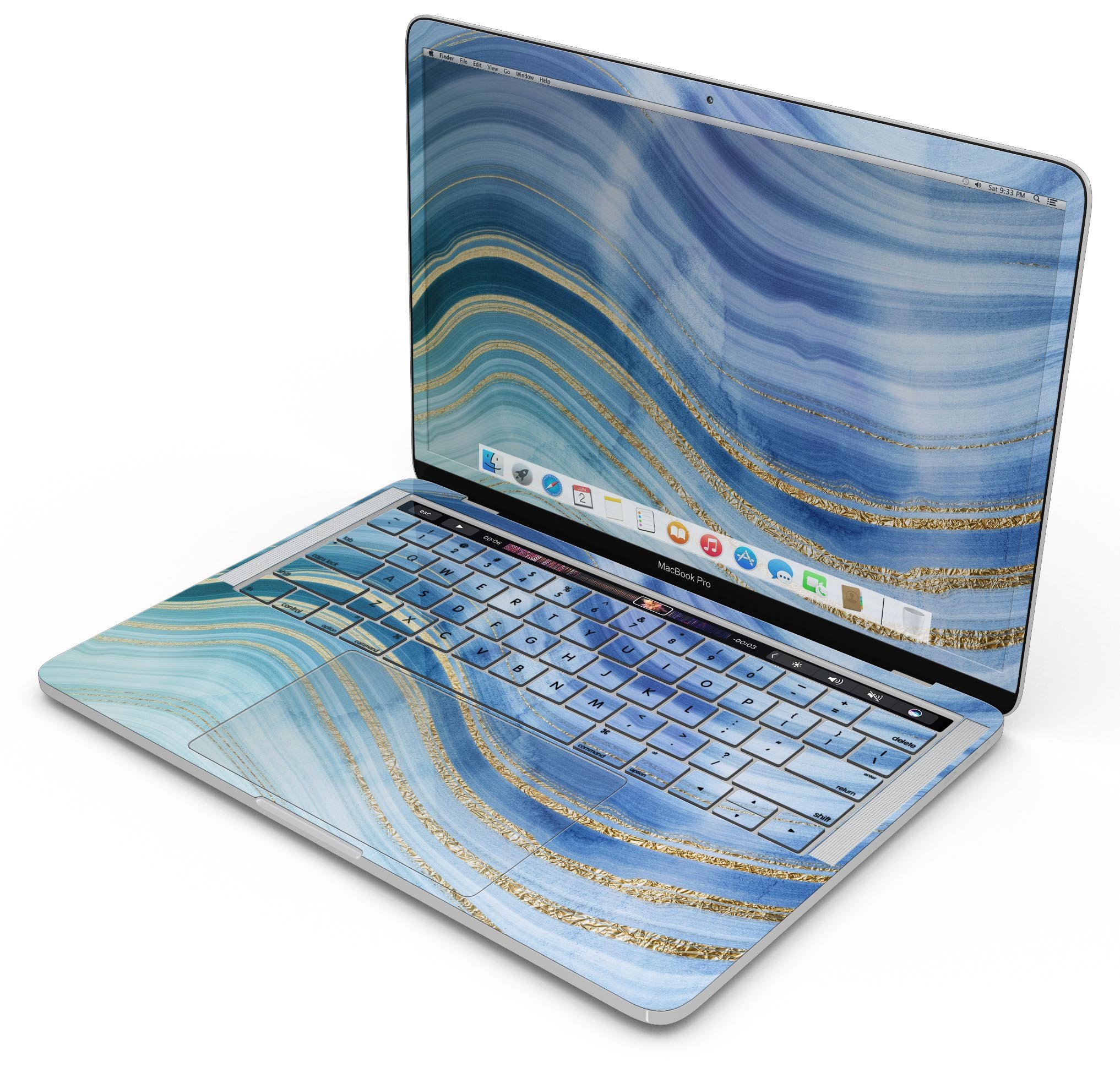 Vivid Agate Vein Slice Blue skin decal wrap kit for MacBook, showcasing a vibrant design with a glossy finish.