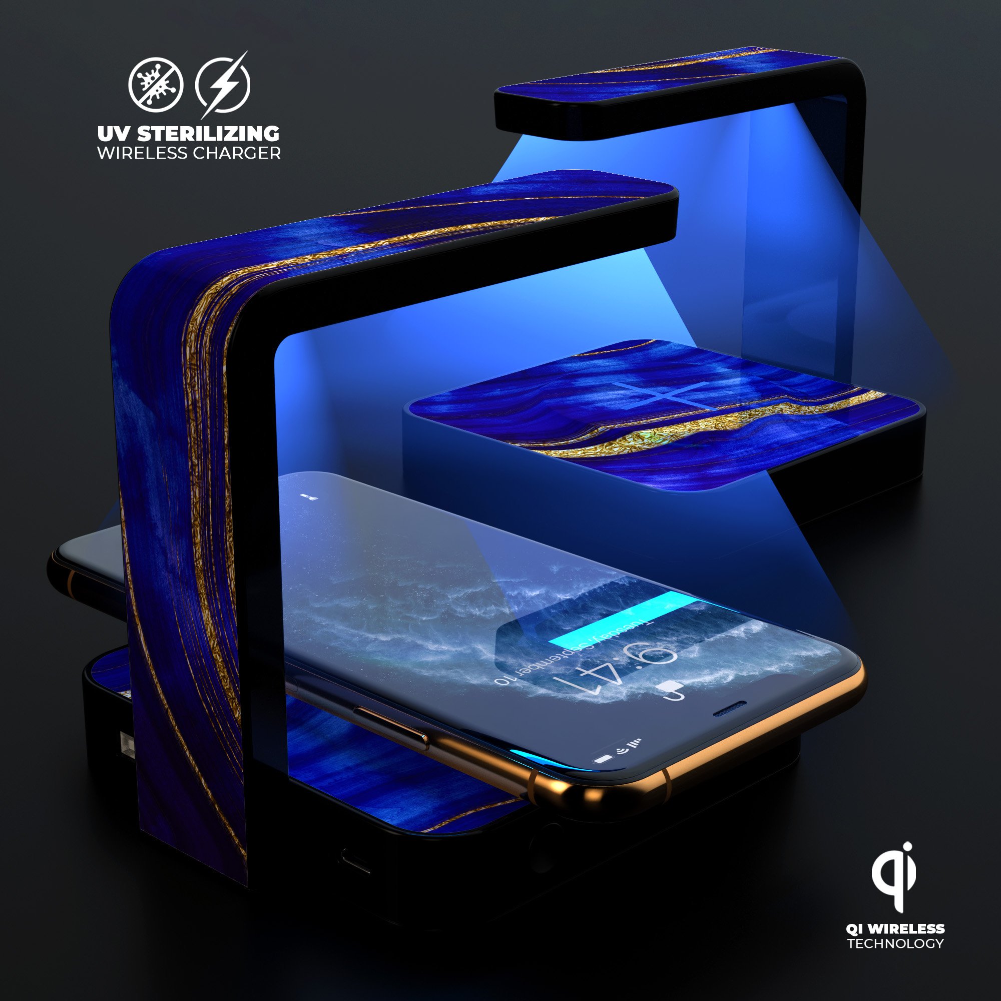 Vivid Agate Vein Slice Blue V6 UV Germicidal Sanitizing Sterilizing charger with a sleek design and wireless charging feature.