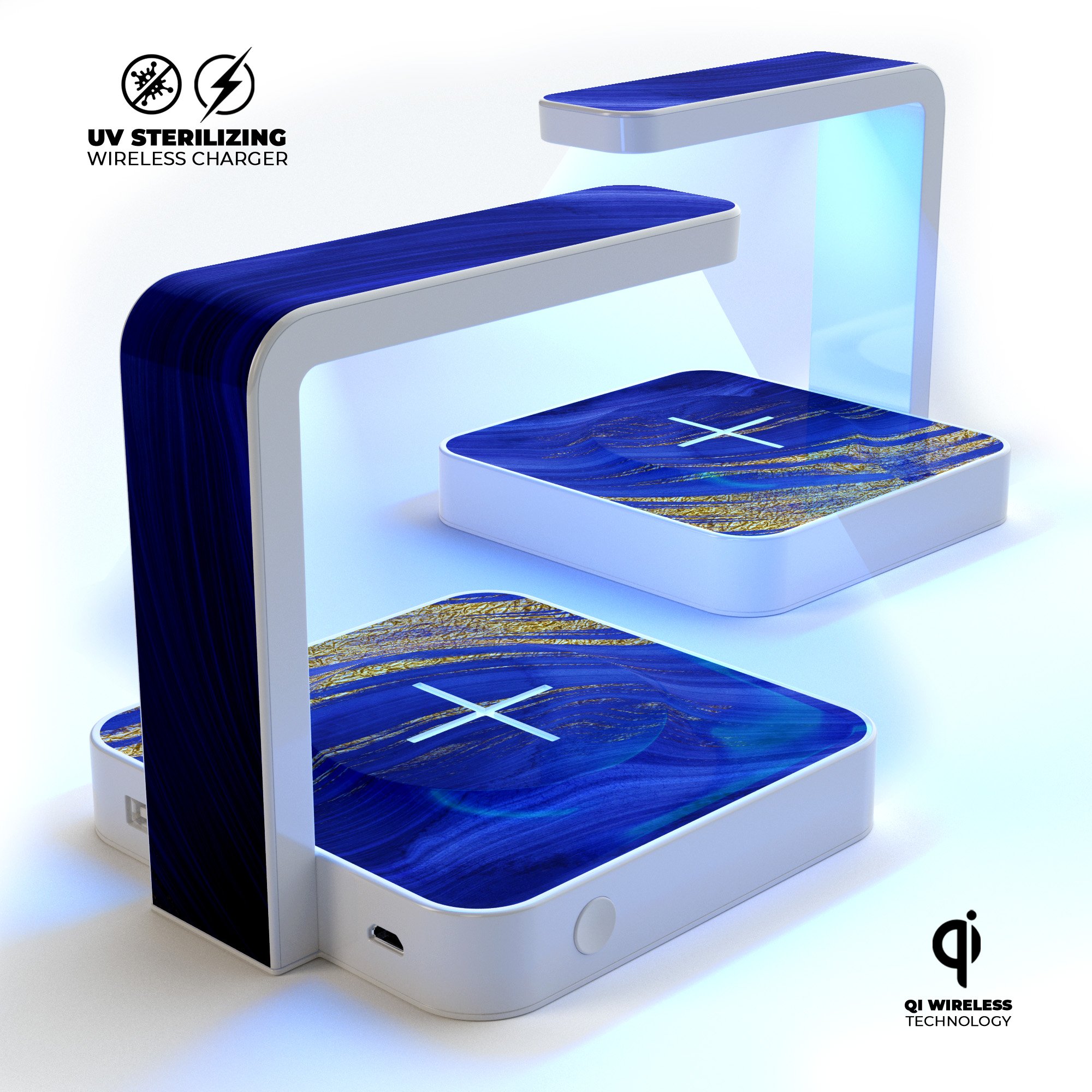 Vivid Agate Vein Slice Blue V9 UV Germicidal Sanitizing Sterilizing charger with decorative skin, showcasing its sleek design and functionality.