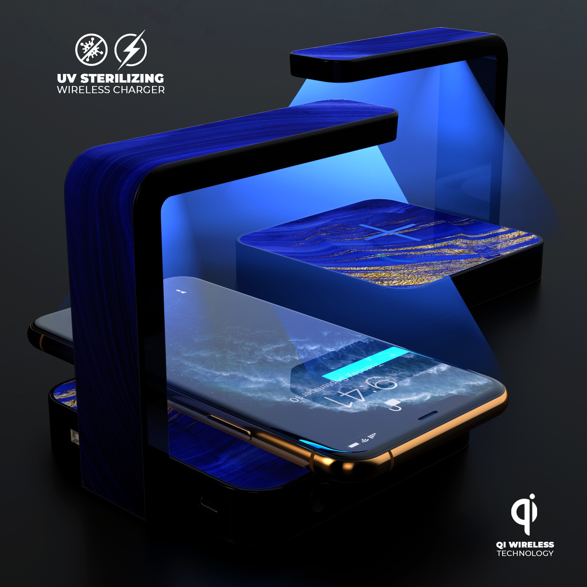 Vivid Agate Vein Slice Blue V9 UV Germicidal Sanitizing Sterilizing charger with decorative skin, showcasing its sleek design and functionality.