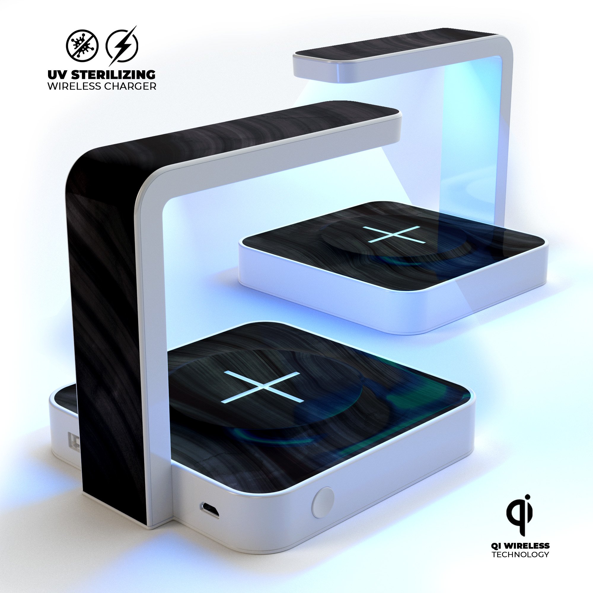 Vivid Agate Vein Slice UV Germicidal Sanitizing Station with wireless charging feature, showcasing its elegant design and functionality.