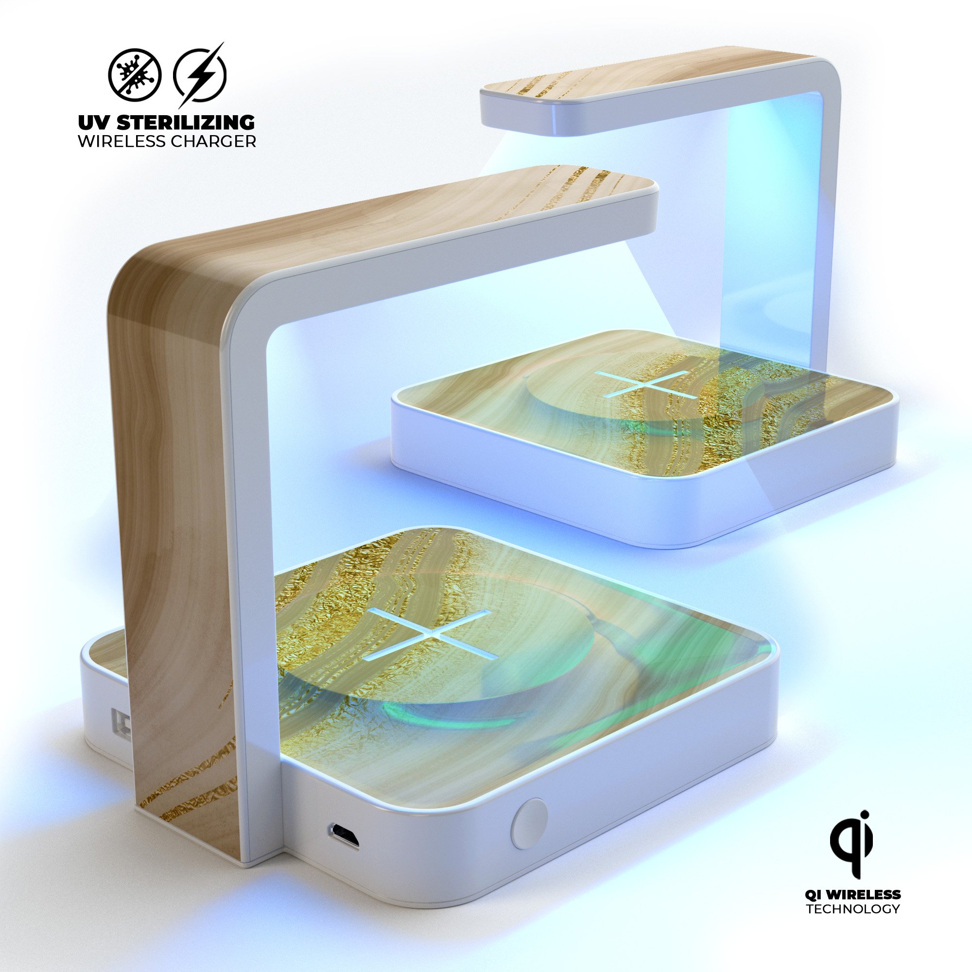 Vivid Agate Vein Slice UV Germicidal Sanitizing Wireless Charger with decorative skin and USB cable.