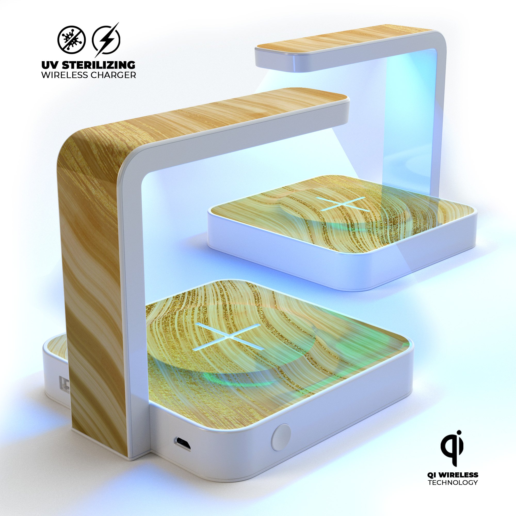 Vivid Agate Vein Slice UV Germicidal Sanitizing Wireless Charger with decorative skin and USB cable.