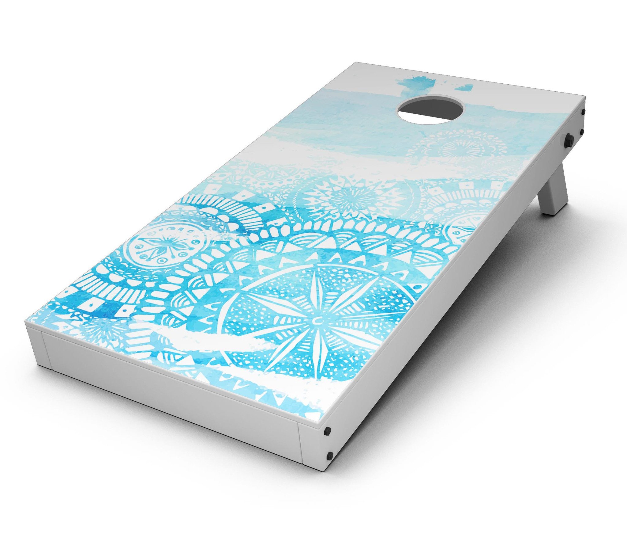 Vivid Blue Abstract Washed Cornhole Board Skin Decal Kit displayed on a wooden surface, showcasing vibrant colors and abstract design.