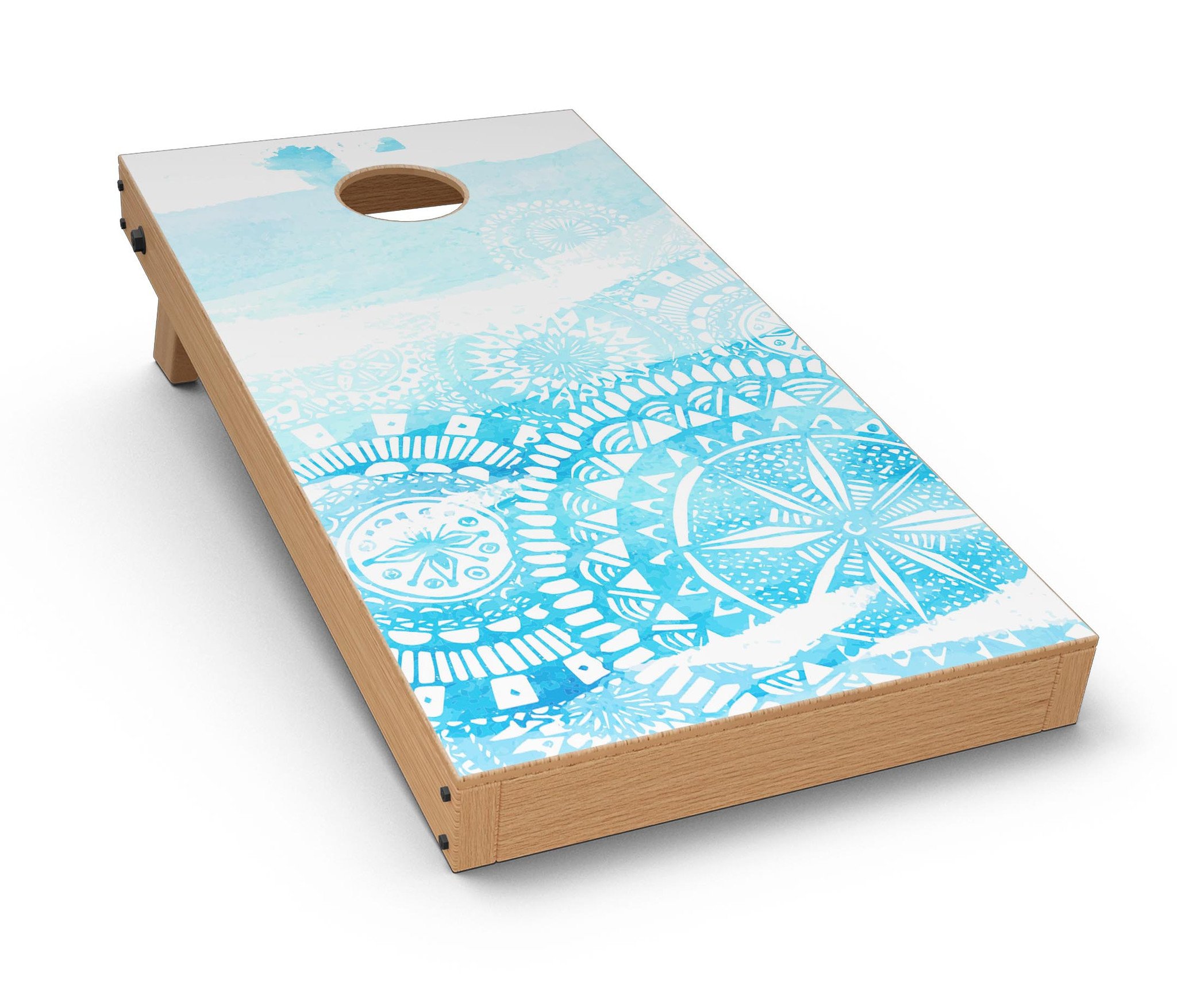 Vivid Blue Abstract Washed Cornhole Board Skin Decal Kit displayed on a wooden surface, showcasing vibrant colors and abstract design.