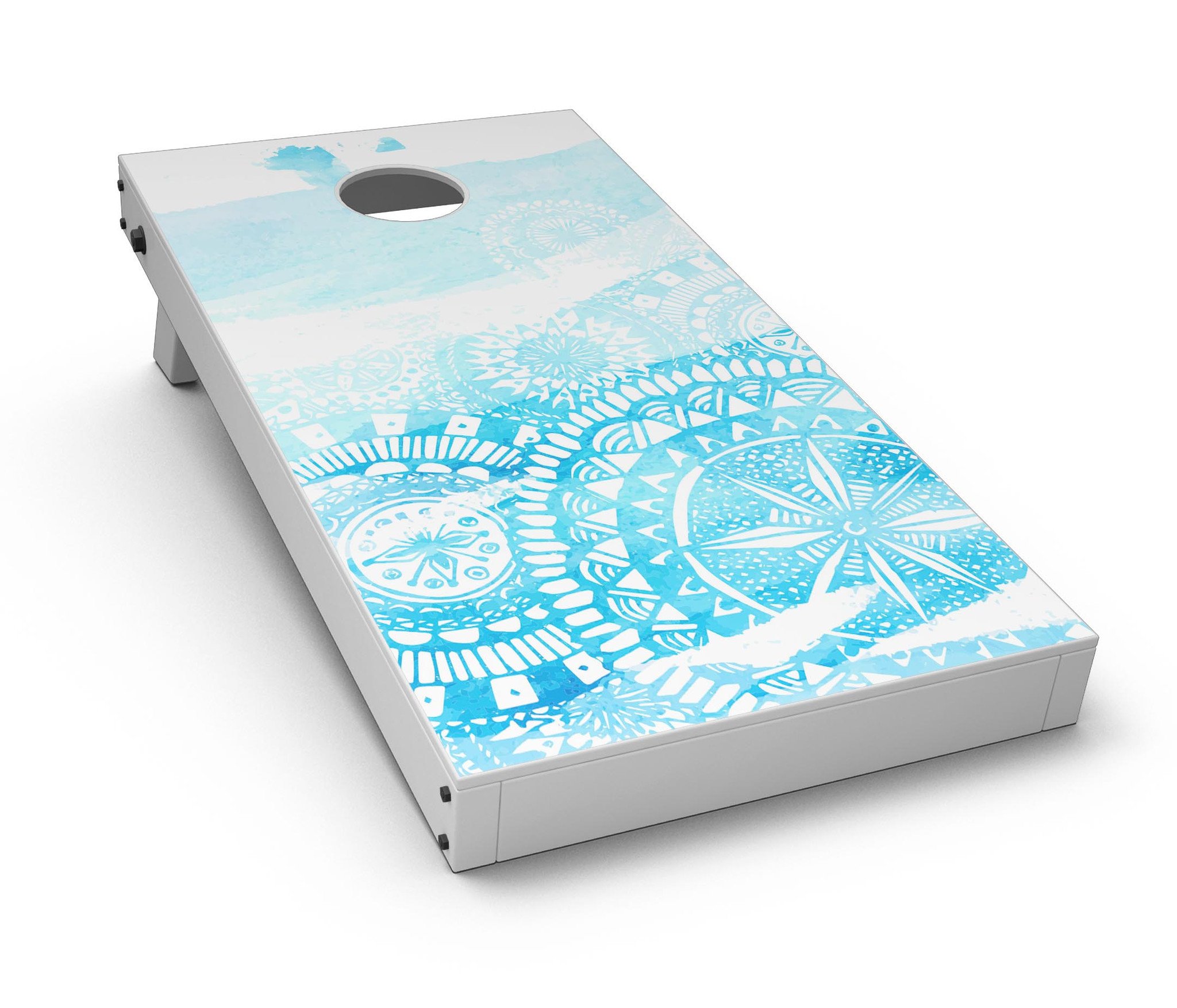 Vivid Blue Abstract Washed Cornhole Board Skin Decal Kit displayed on a wooden surface, showcasing vibrant colors and abstract design.