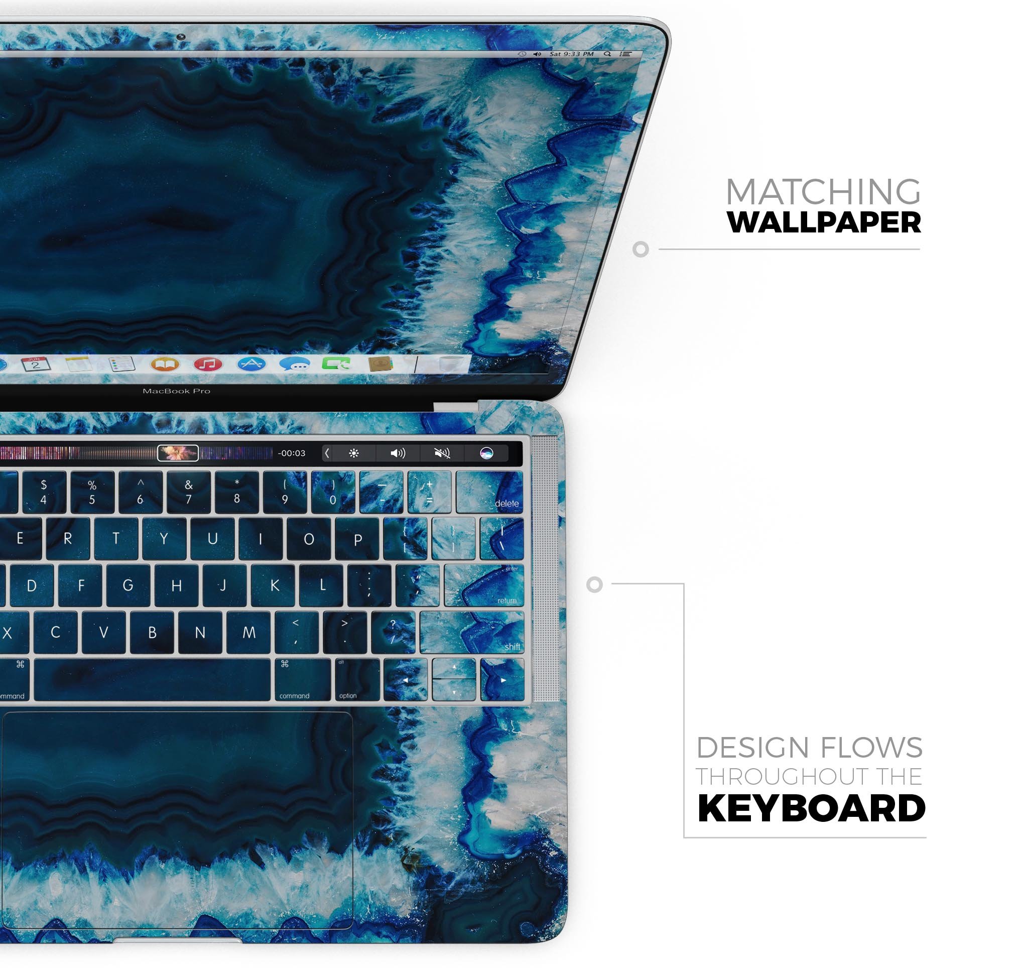 Vivid Blue Agate Crystal skin decal wrap kit for MacBook, showcasing a vibrant blue agate design with a smooth finish.