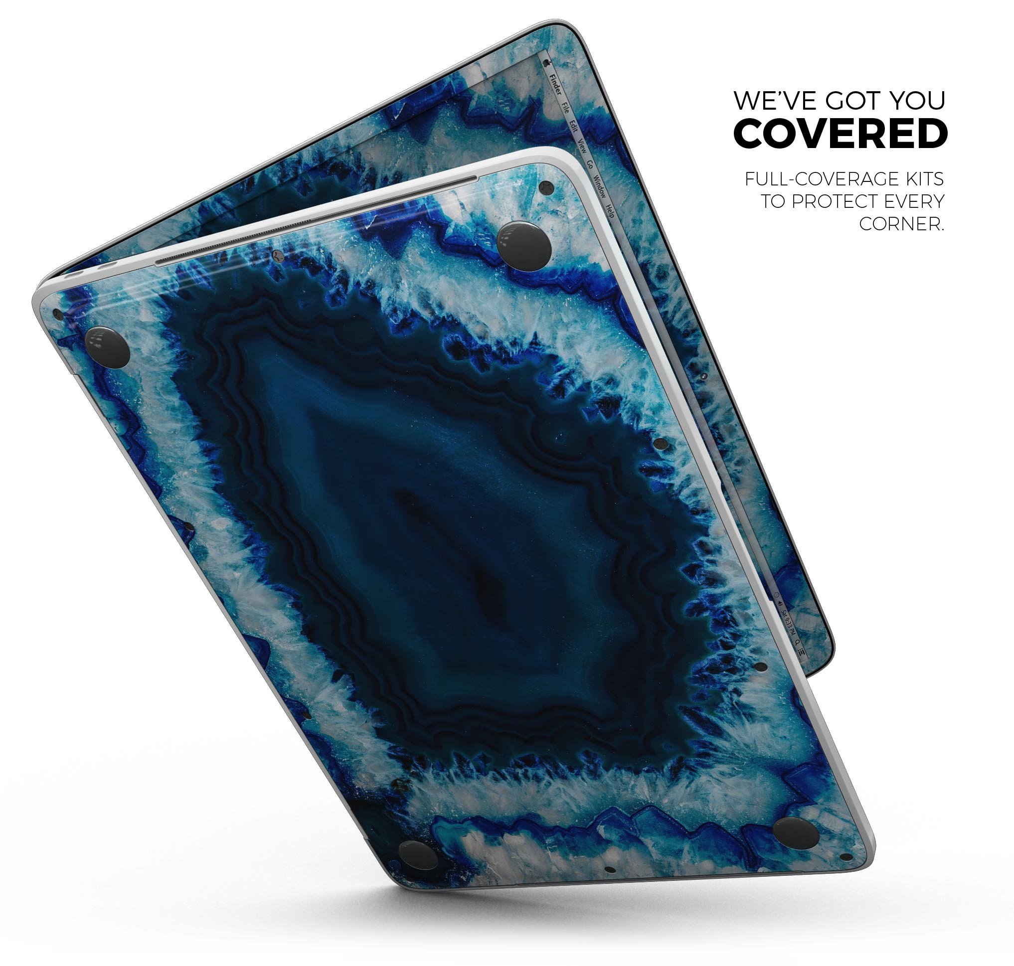 Vivid Blue Agate Crystal skin decal wrap kit for MacBook, showcasing a vibrant blue agate design with a smooth finish.