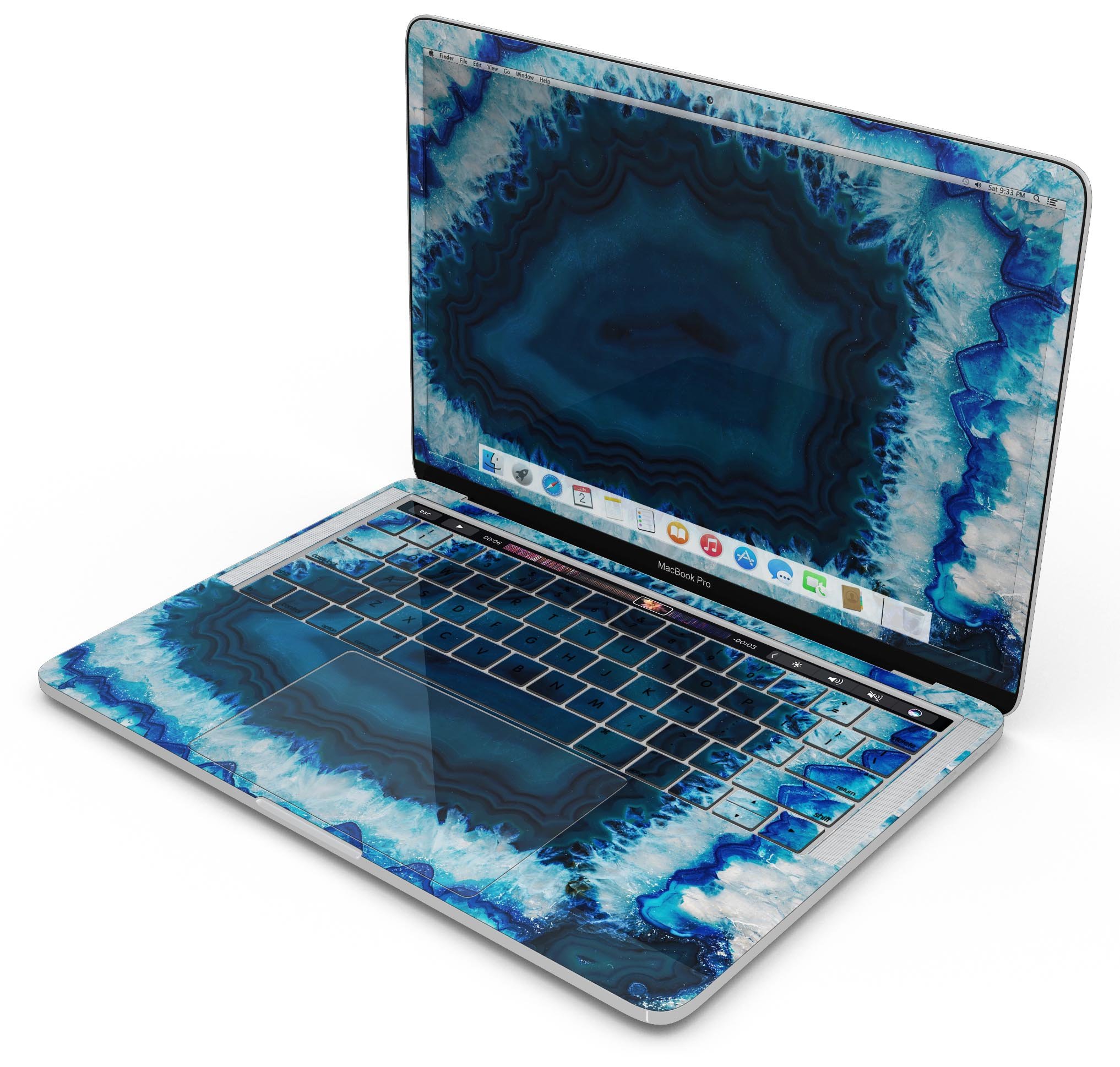 Vivid Blue Agate Crystal skin decal wrap kit for MacBook, showcasing a vibrant blue agate design with a smooth finish.