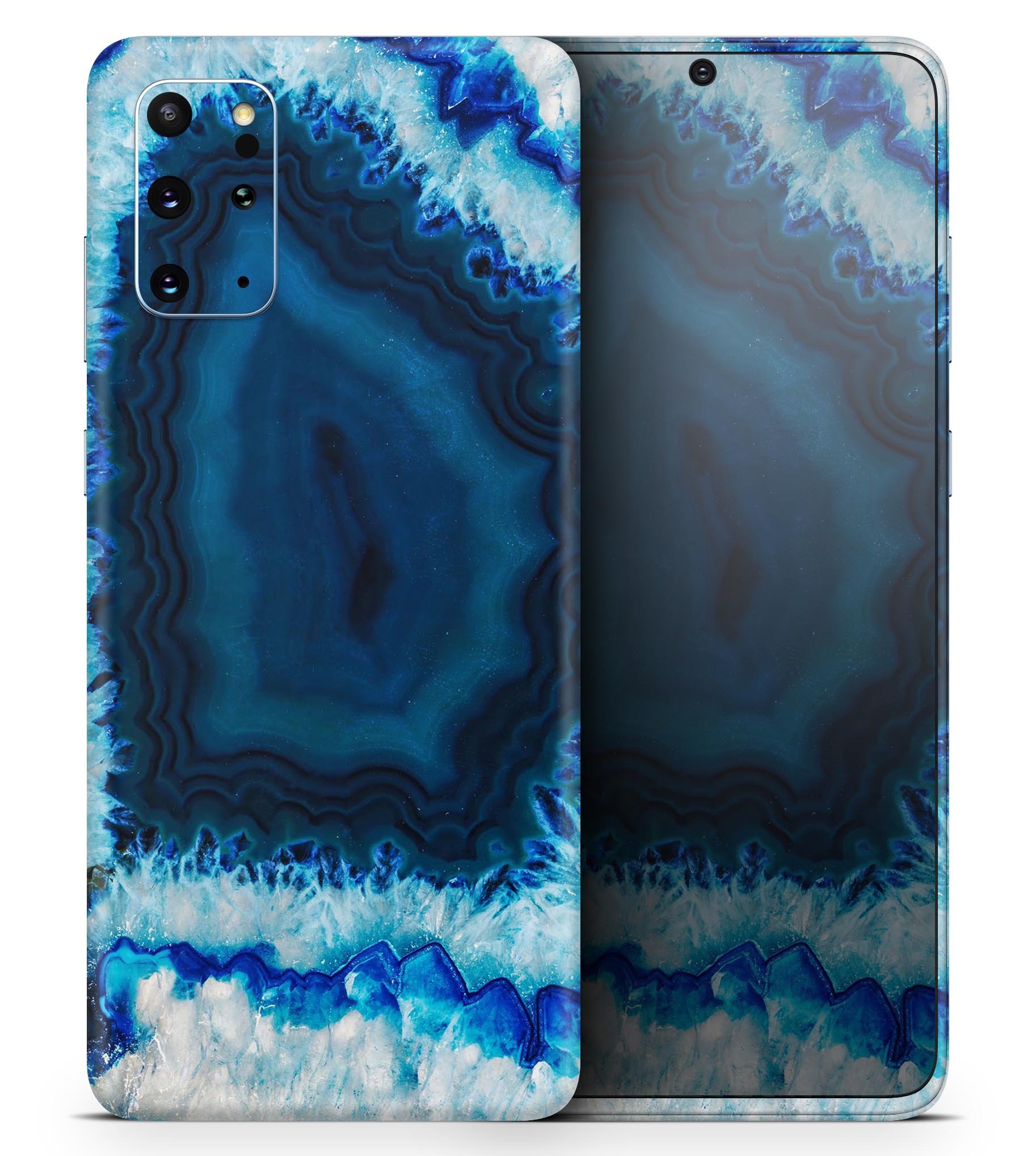 Vivid Blue Agate Crystal Skin-Kit for Samsung Galaxy S-Series, showcasing a vibrant blue agate design on a sleek vinyl surface.