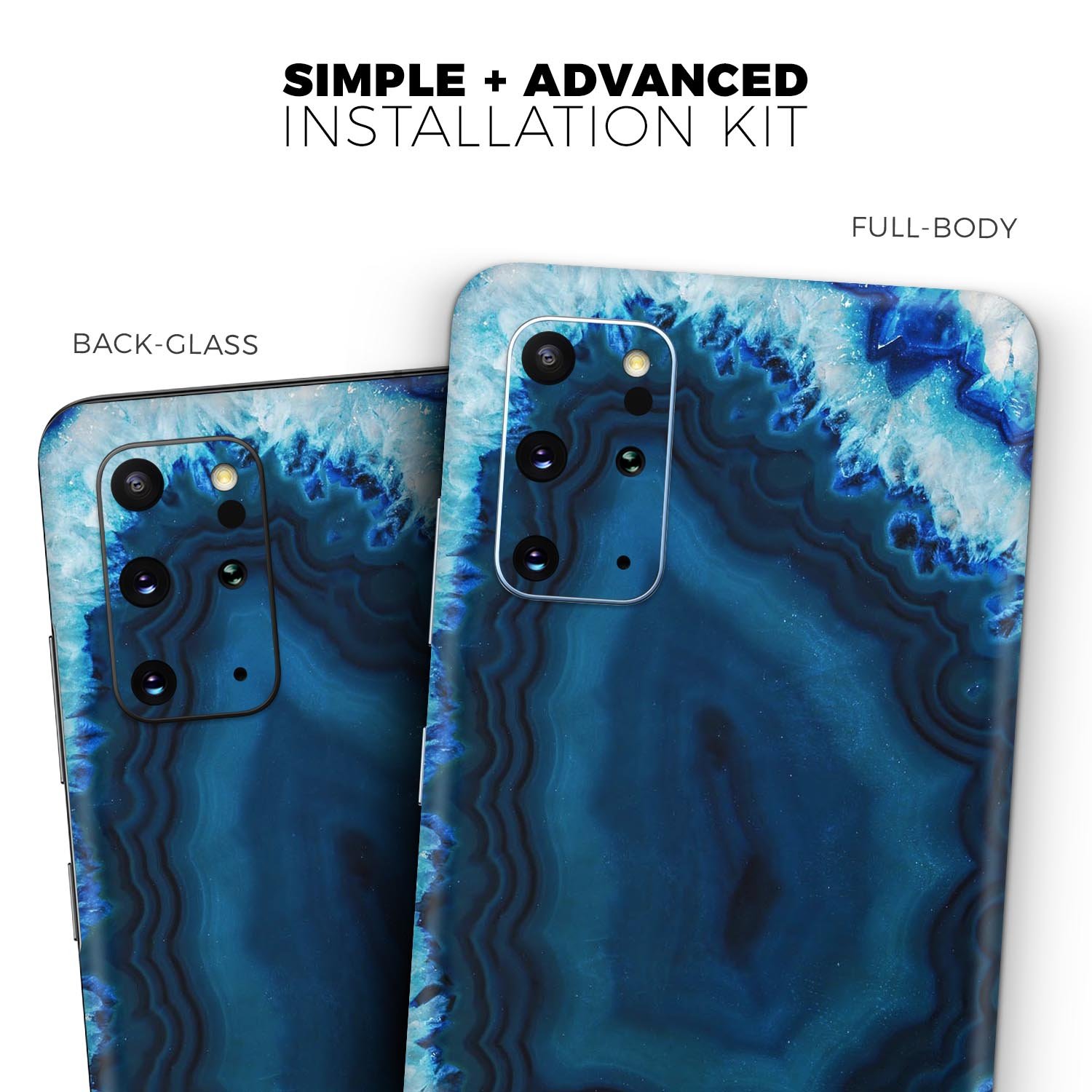 Vivid Blue Agate Crystal Skin-Kit for Samsung Galaxy S-Series, showcasing a vibrant blue agate design on a sleek vinyl surface.