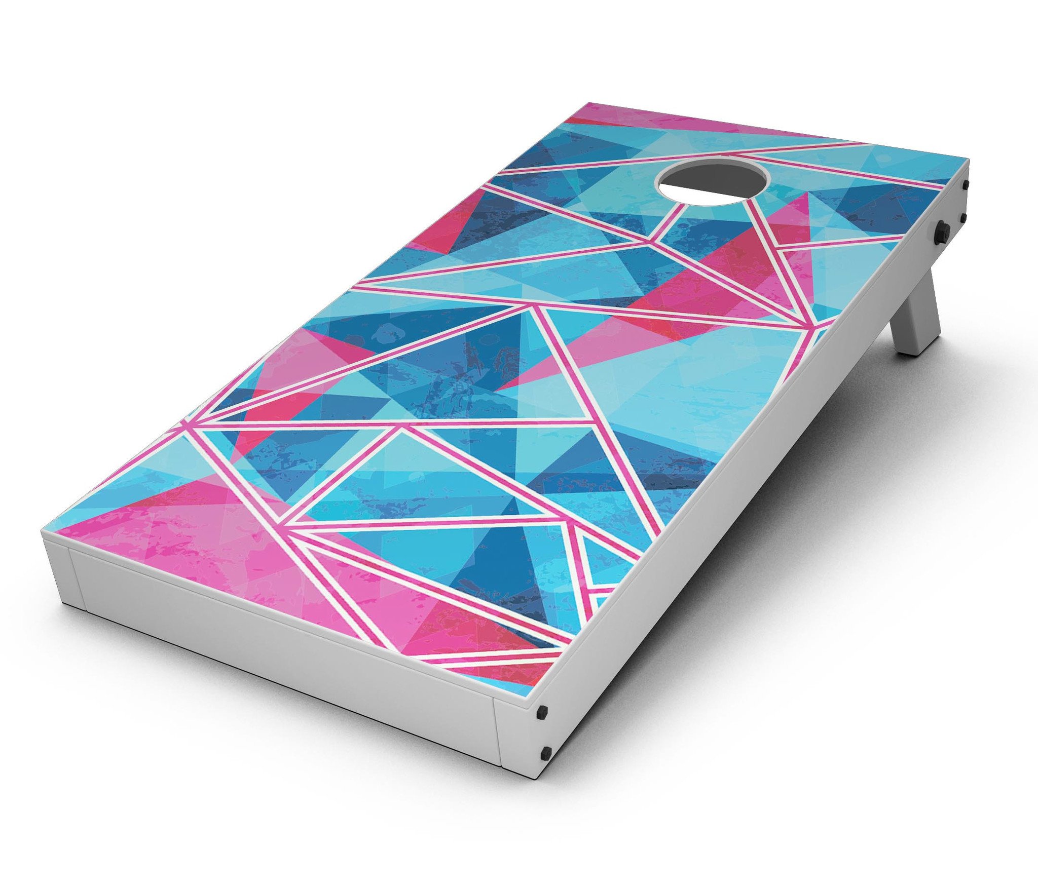 Vivid blue and pink sharp shapes vinyl decal kit for Cornhole boards, showcasing vibrant colors and patterns.